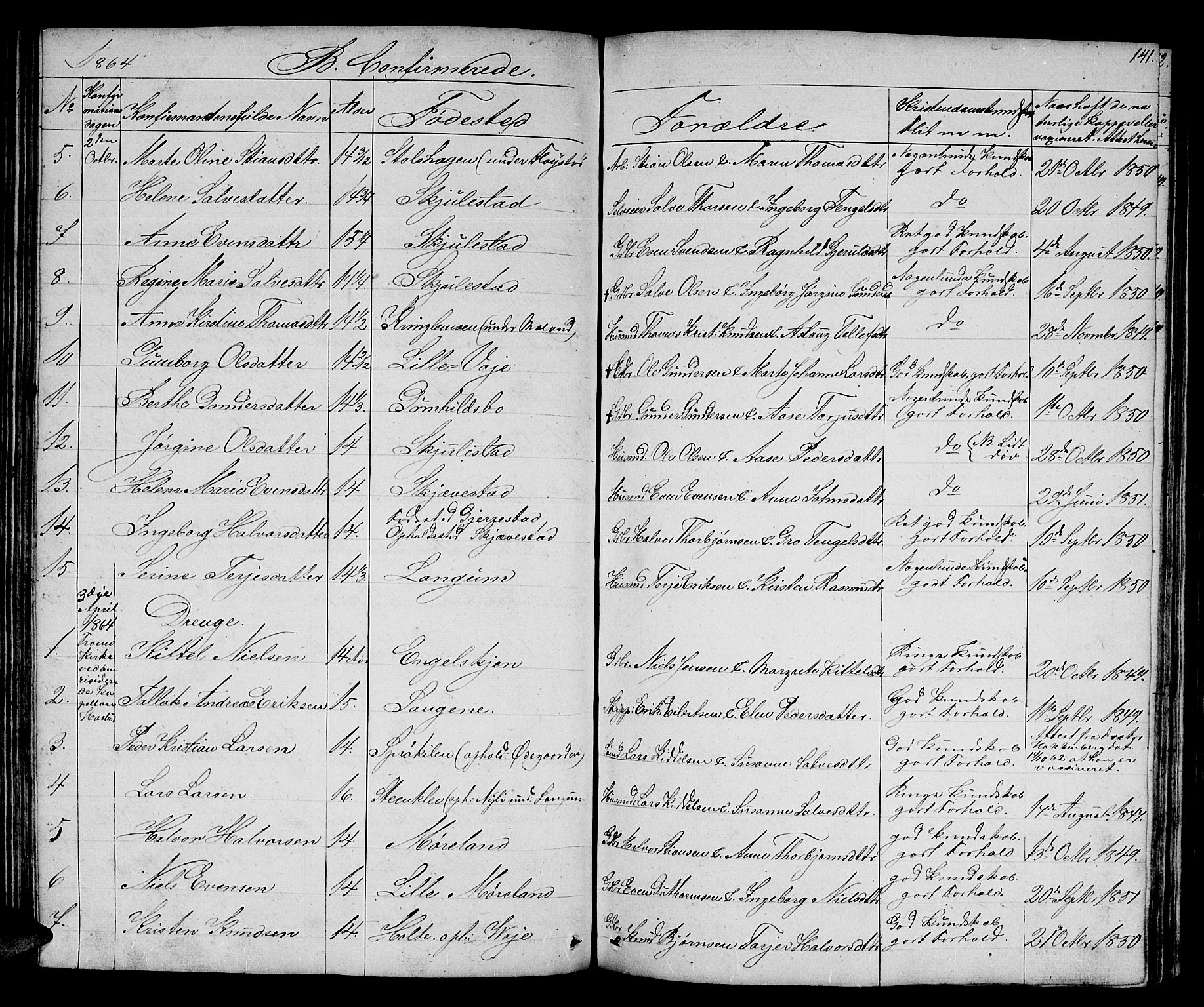 Austre Moland sokneprestkontor, AV/SAK-1111-0001/F/Fb/Fba/L0001: Parish register (copy) no. B 1, 1842-1868, p. 141