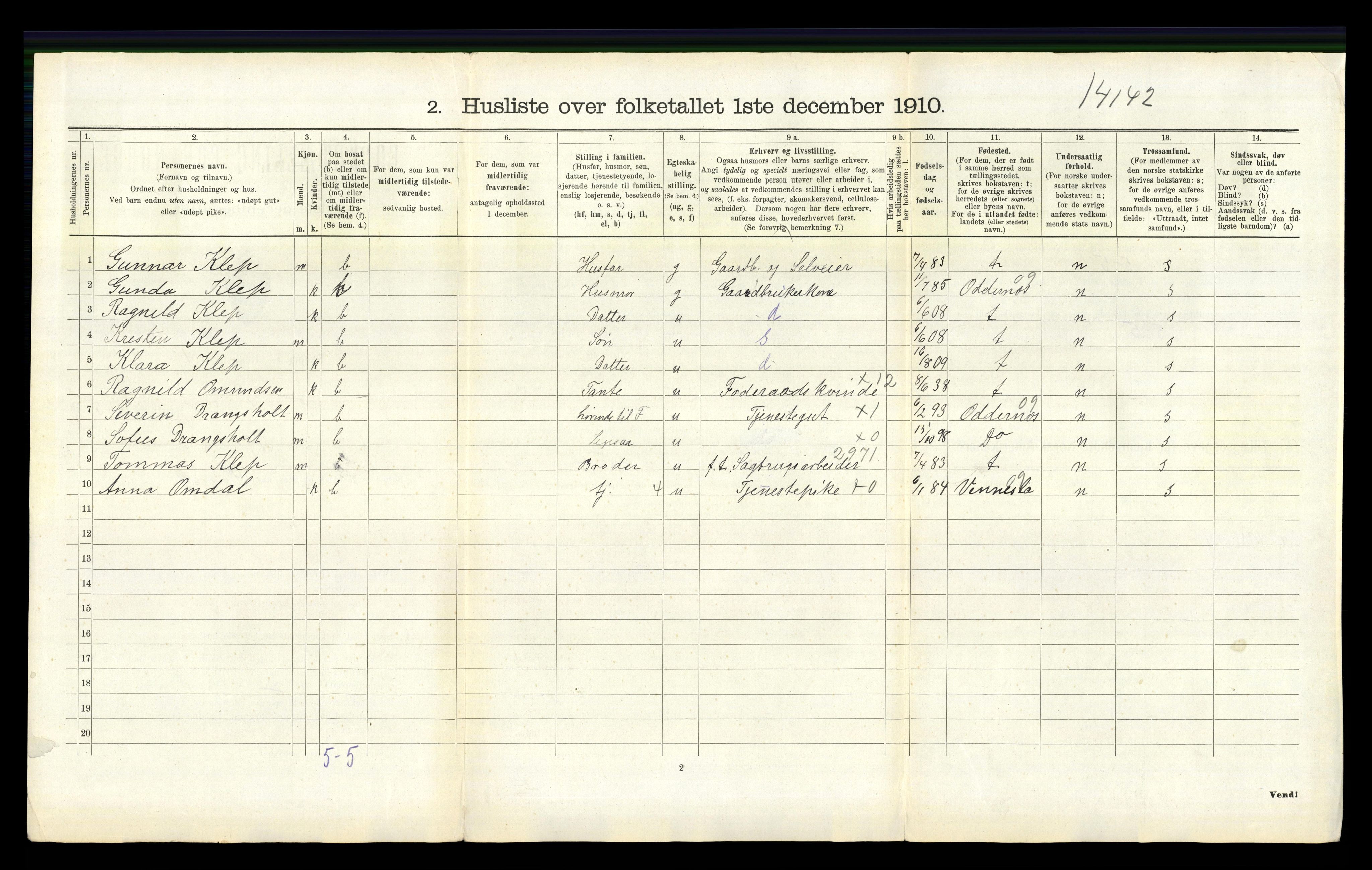 RA, 1910 census for Tveit, 1910, p. 546