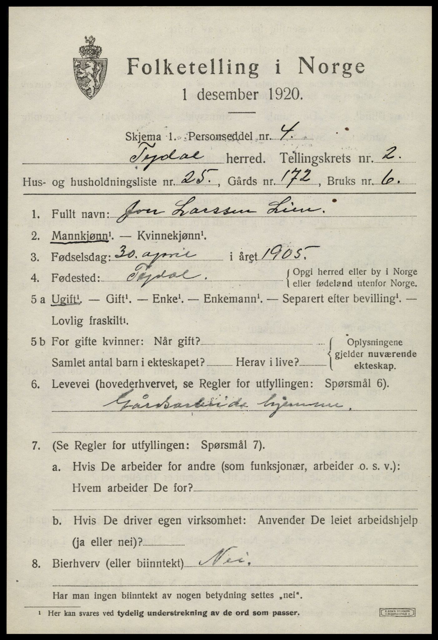 SAT, 1920 census for Tydal, 1920, p. 863