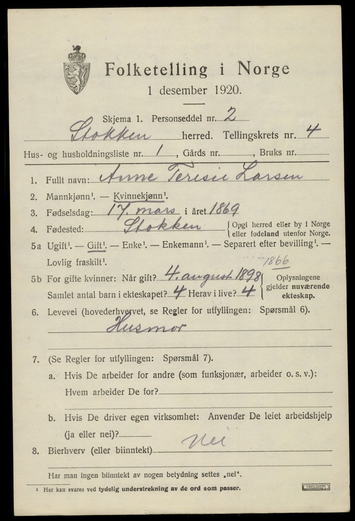 SAK, 1920 census for Stokken, 1920, p. 2458