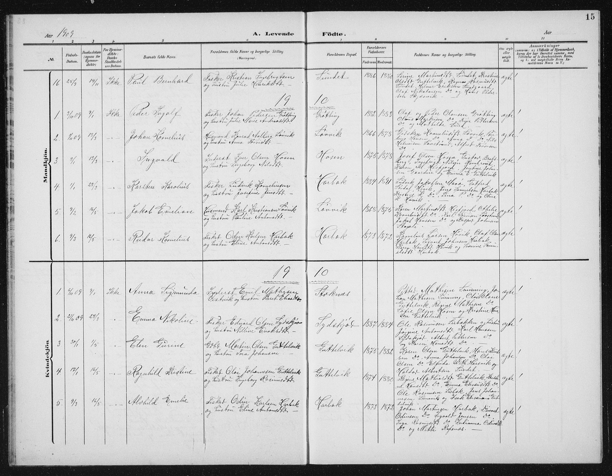 Ministerialprotokoller, klokkerbøker og fødselsregistre - Sør-Trøndelag, SAT/A-1456/656/L0699: Parish register (copy) no. 656C05, 1905-1920, p. 15