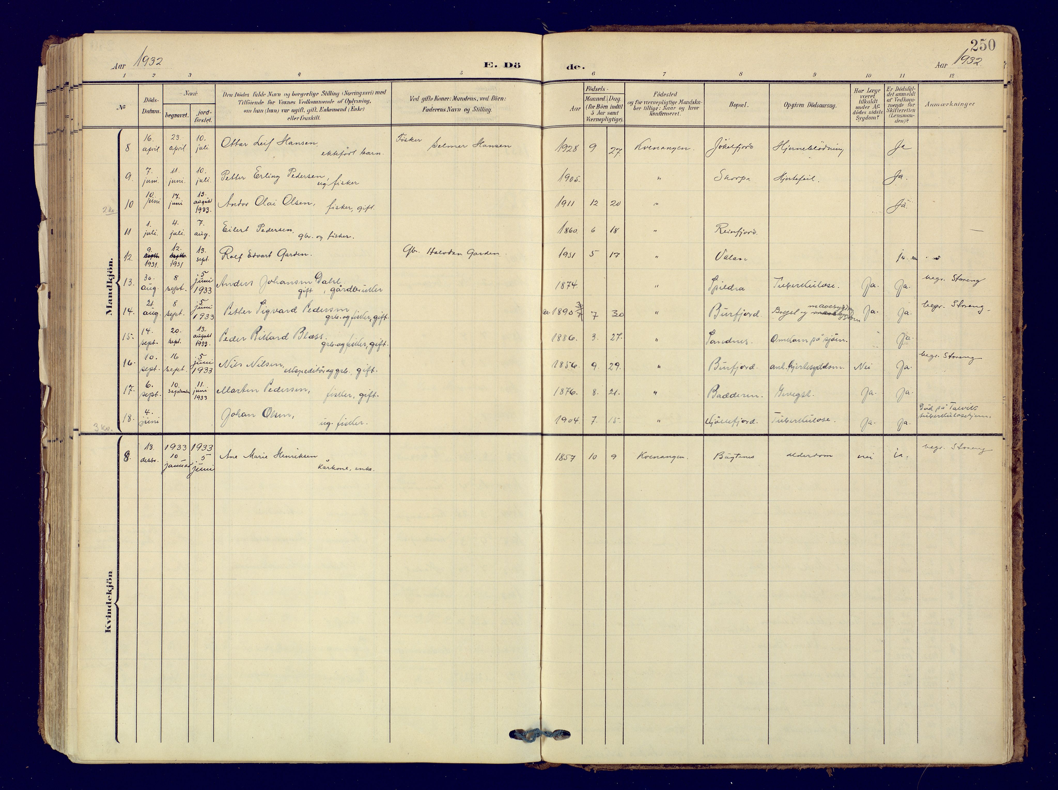 Skjervøy sokneprestkontor, AV/SATØ-S-1300/H/Ha/Haa: Parish register (official) no. 19, 1908-1936, p. 250