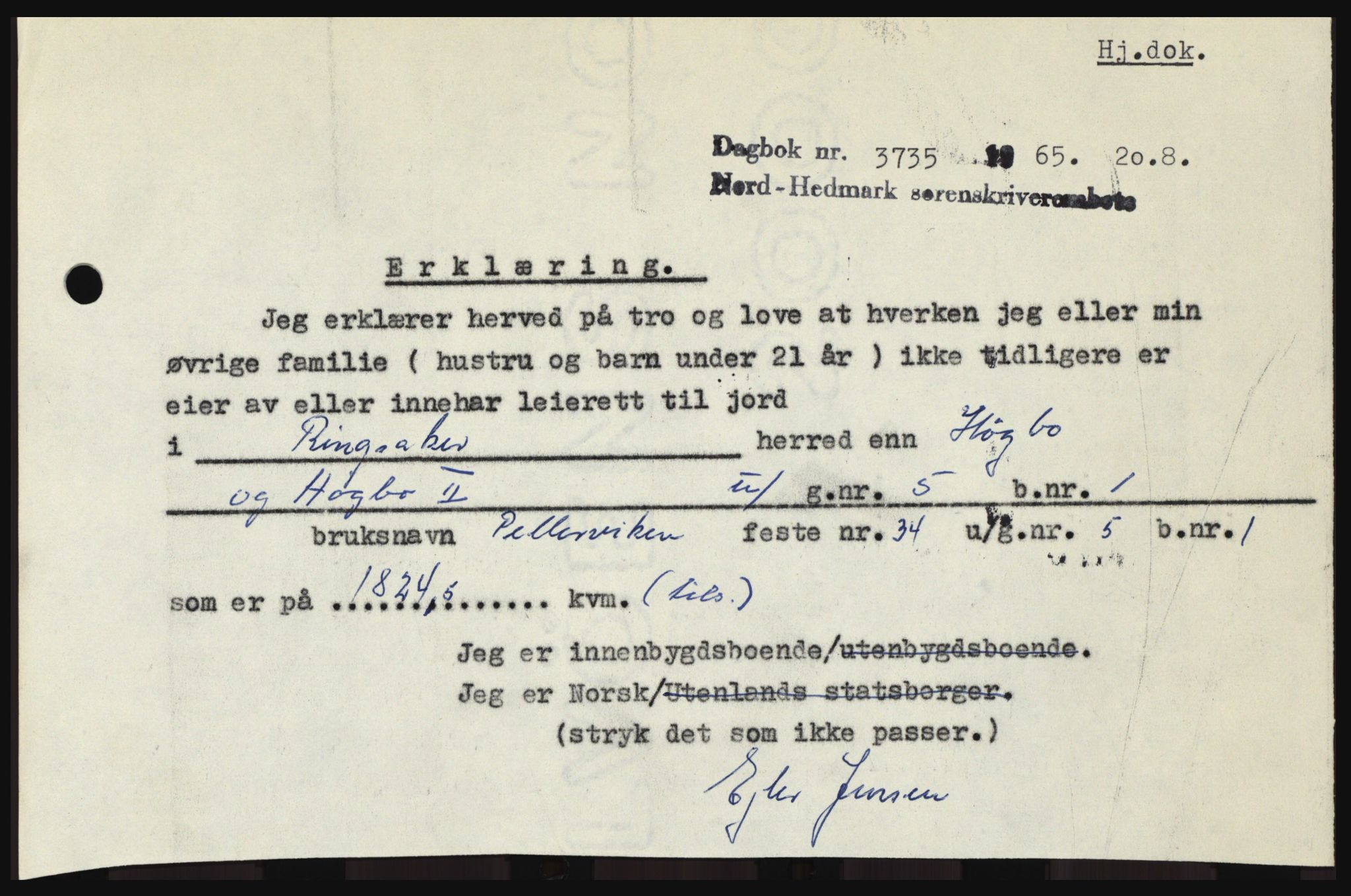 Nord-Hedmark sorenskriveri, SAH/TING-012/H/Hc/L0022: Mortgage book no. 22, 1965-1965, Diary no: : 3735/1965