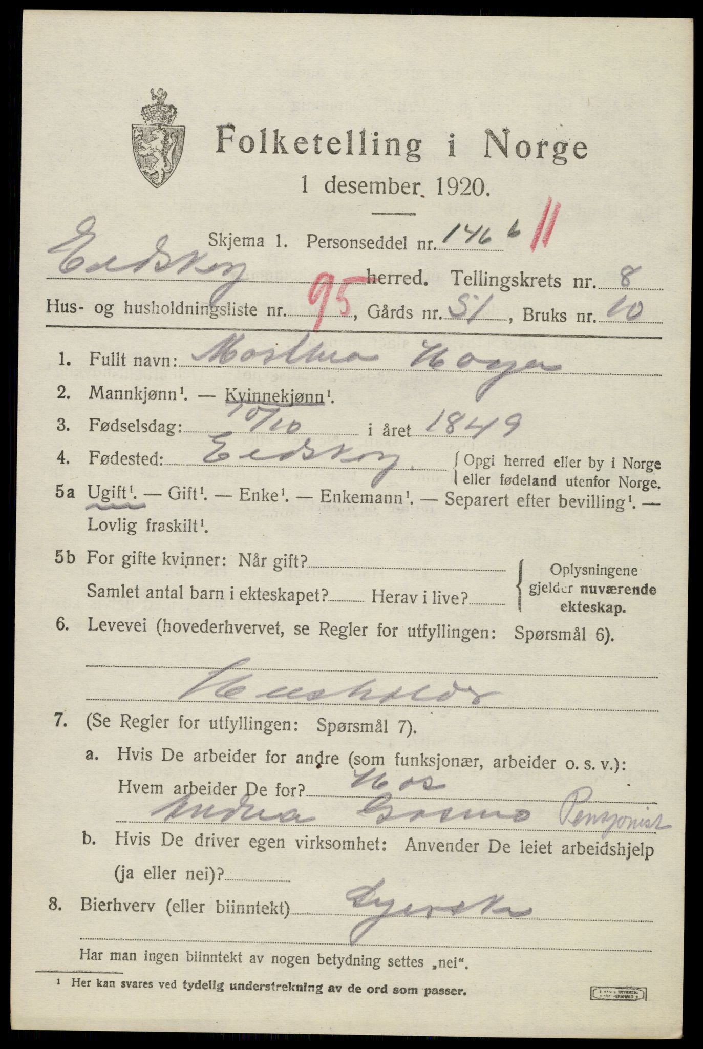 SAH, 1920 census for Eidskog, 1920, p. 9999