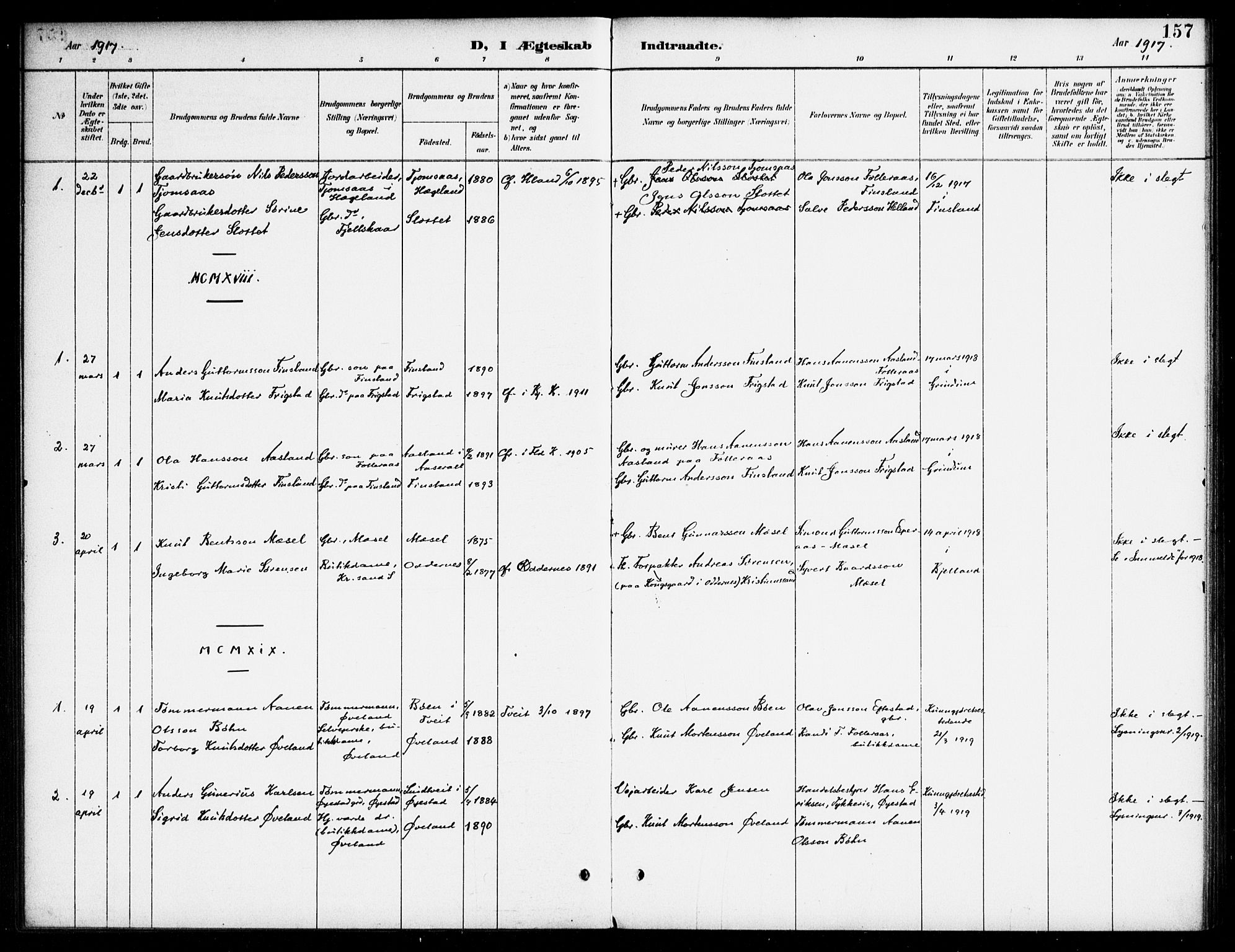 Bjelland sokneprestkontor, AV/SAK-1111-0005/F/Fa/Fab/L0004: Parish register (official) no. A 4, 1887-1920, p. 157