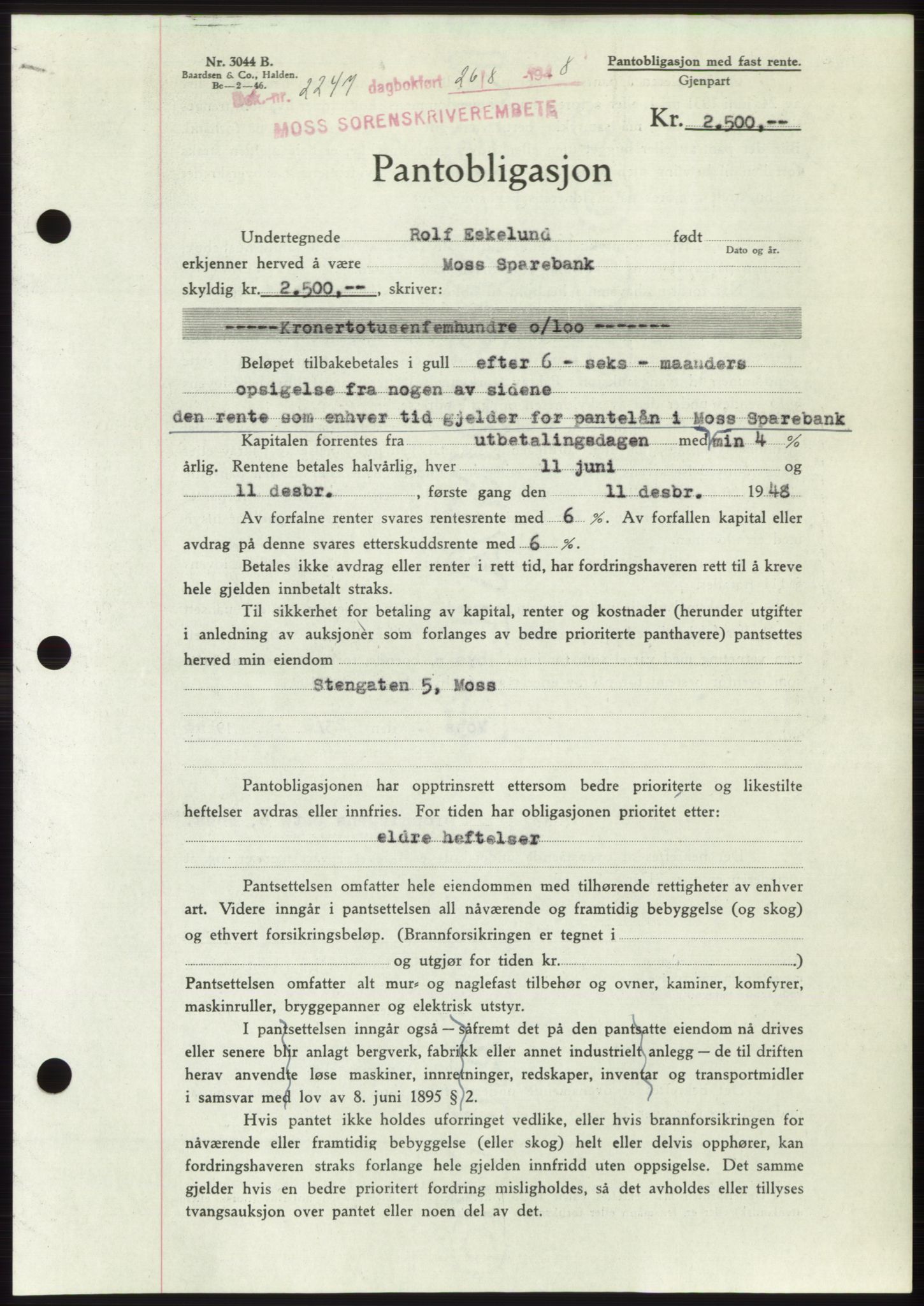 Moss sorenskriveri, AV/SAO-A-10168: Mortgage book no. B20, 1948-1948, Diary no: : 2247/1948