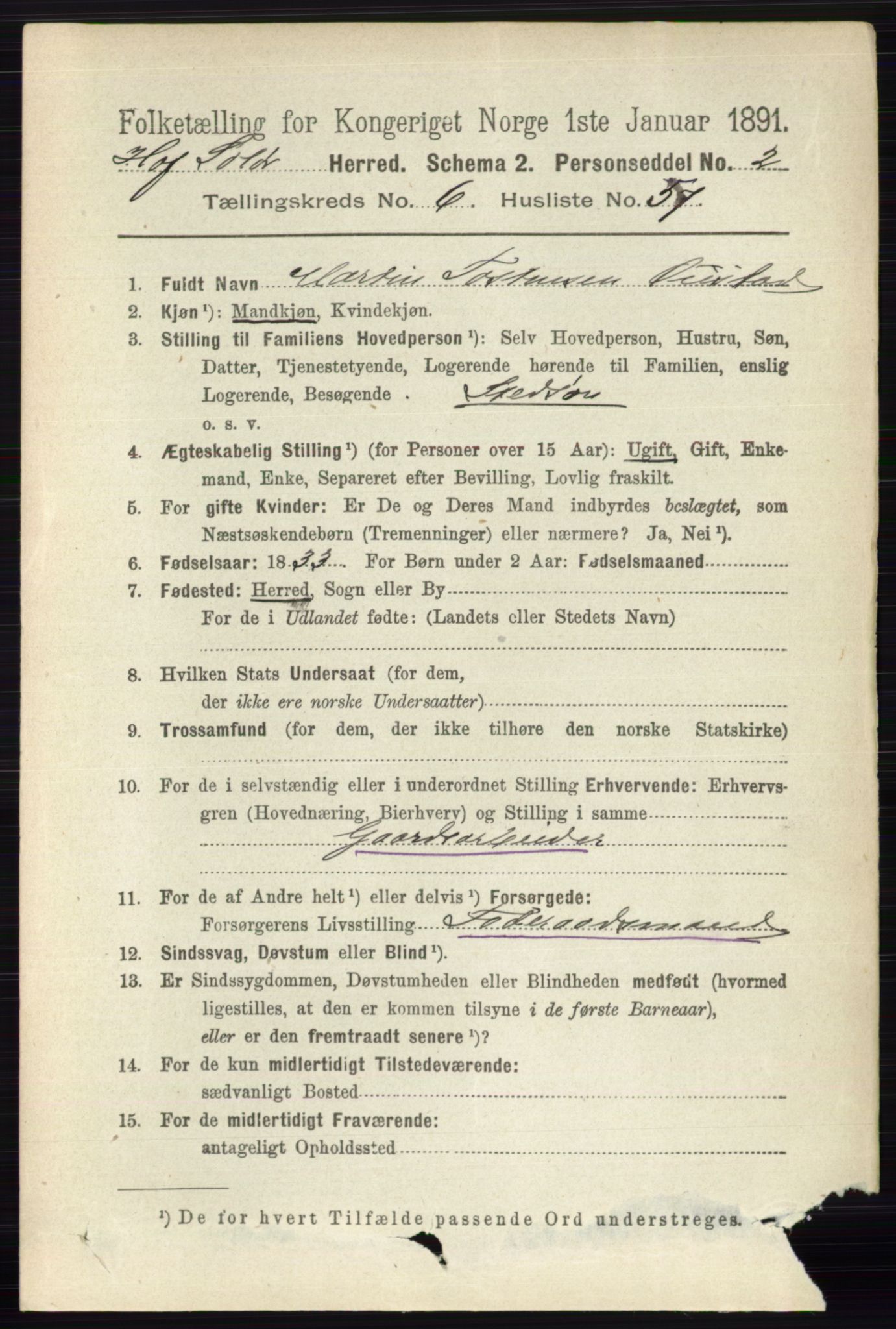 RA, 1891 census for 0424 Hof, 1891, p. 2644