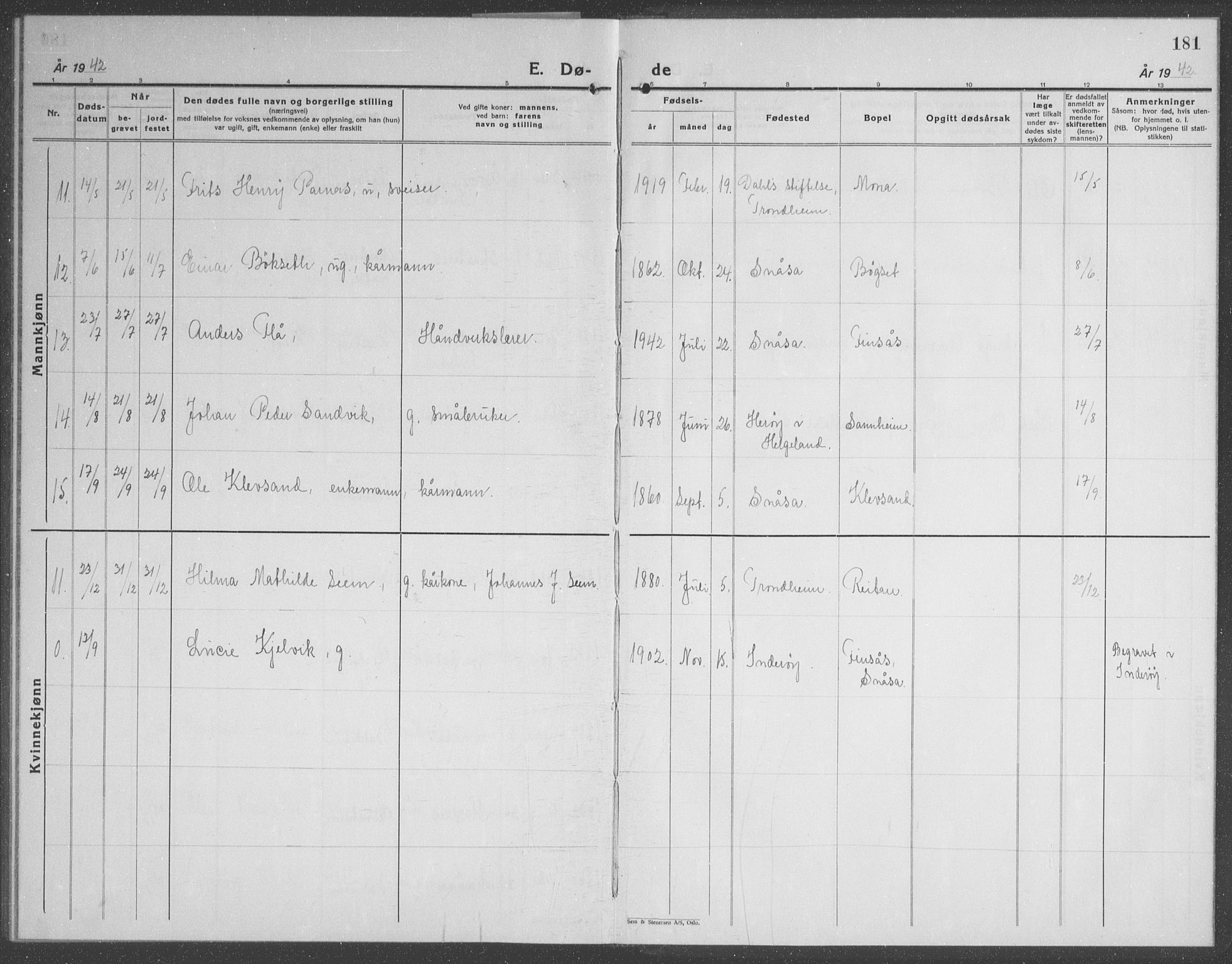 Ministerialprotokoller, klokkerbøker og fødselsregistre - Nord-Trøndelag, SAT/A-1458/749/L0481: Parish register (copy) no. 749C03, 1933-1945, p. 181