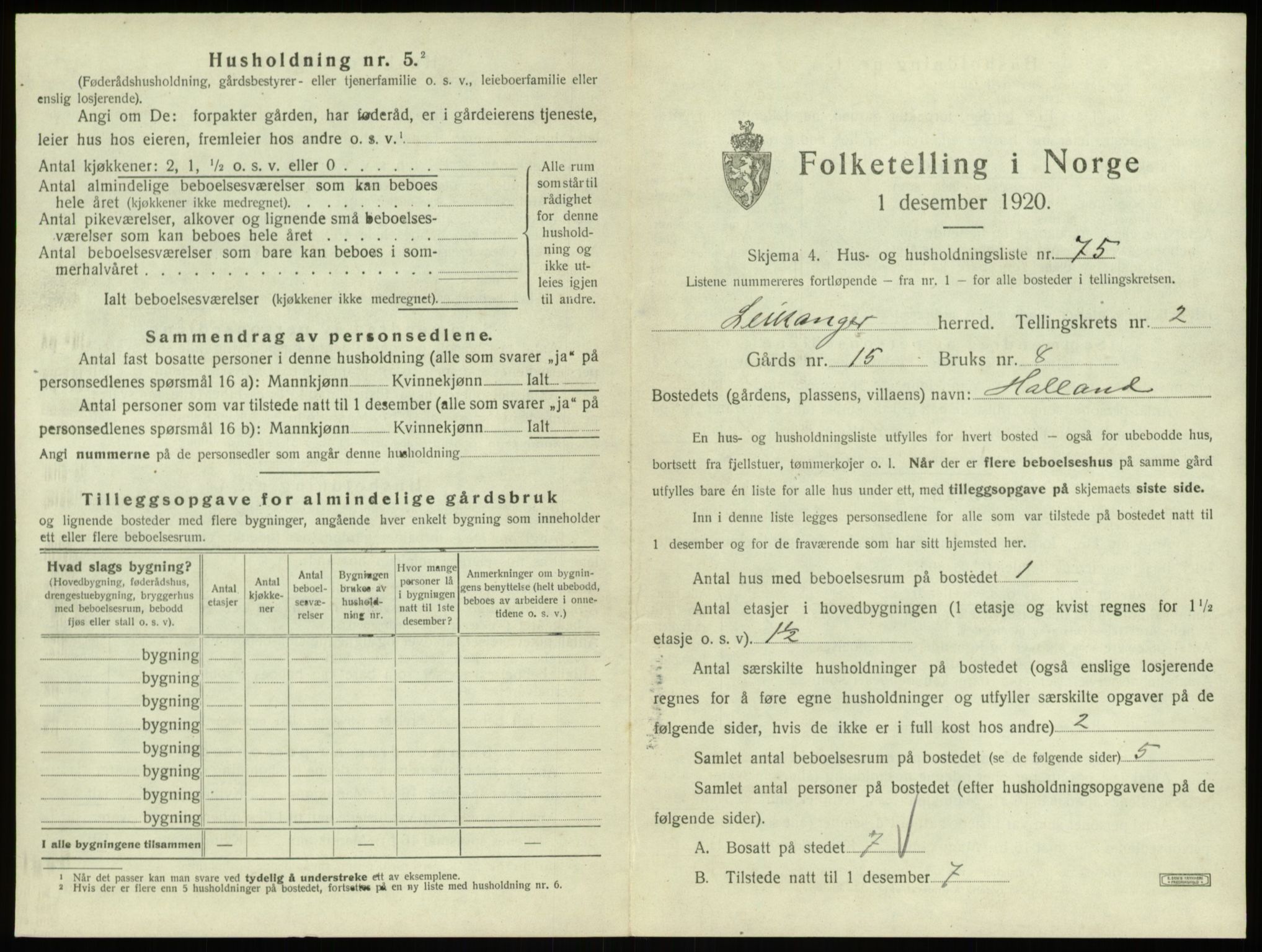 SAB, 1920 census for Leikanger, 1920, p. 269