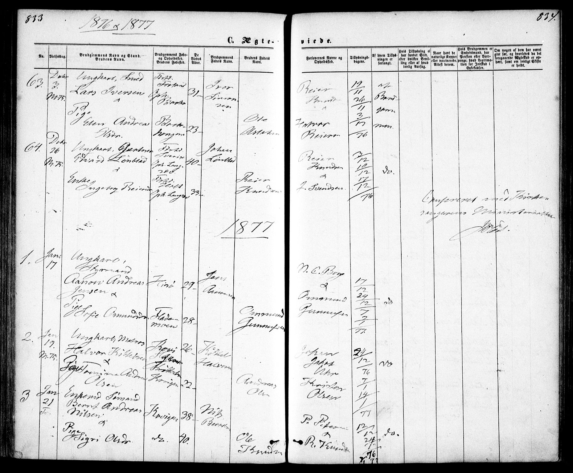 Tromøy sokneprestkontor, AV/SAK-1111-0041/F/Fa/L0008: Parish register (official) no. A 8, 1870-1877, p. 833-834