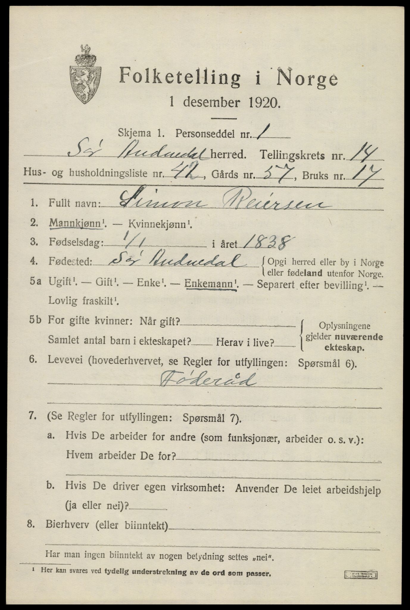 SAK, 1920 census for Sør-Audnedal, 1920, p. 5575