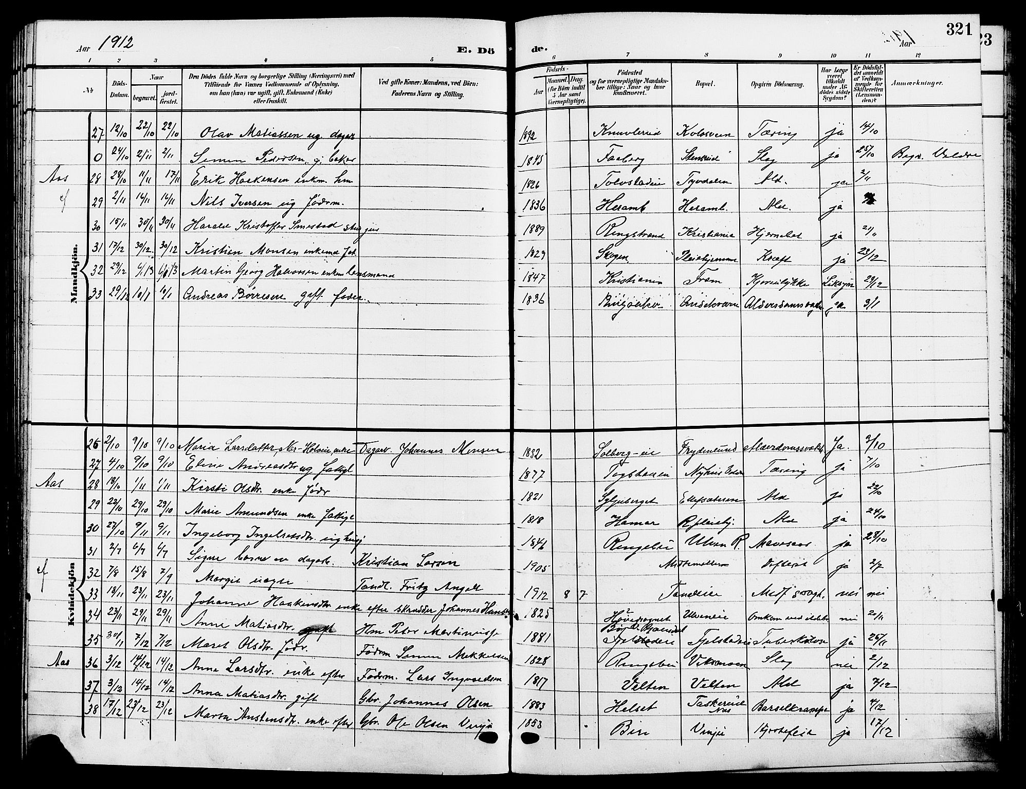 Ringsaker prestekontor, AV/SAH-PREST-014/L/La/L0015: Parish register (copy) no. 15, 1903-1912, p. 321