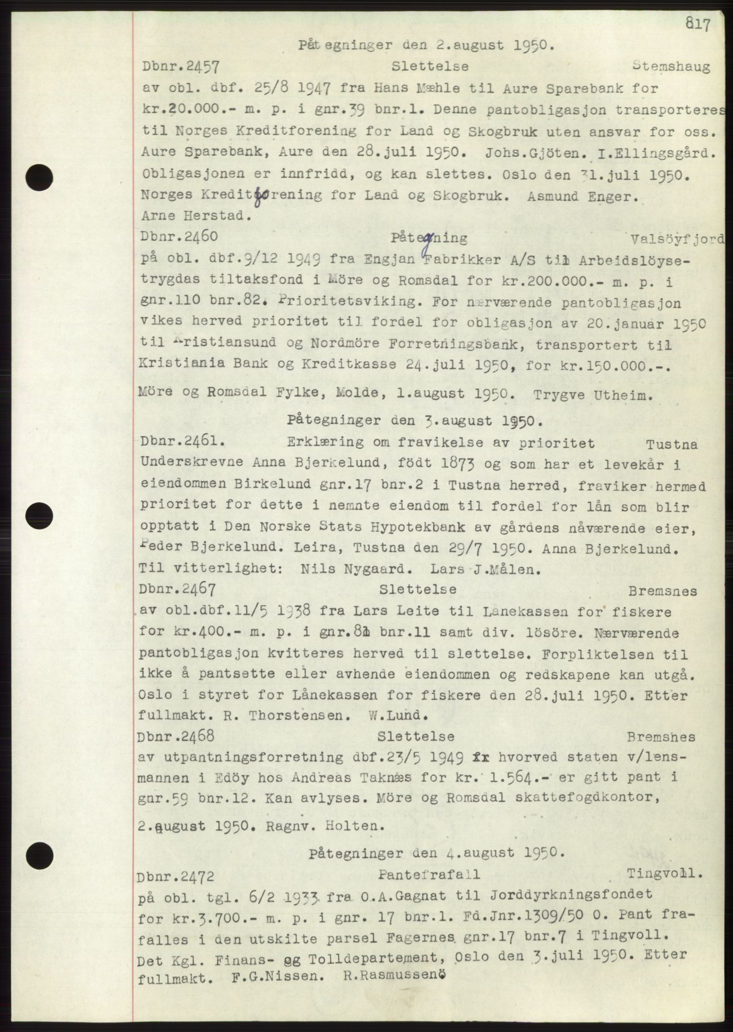 Nordmøre sorenskriveri, AV/SAT-A-4132/1/2/2Ca: Mortgage book no. C82b, 1946-1951, Diary no: : 2457/1950