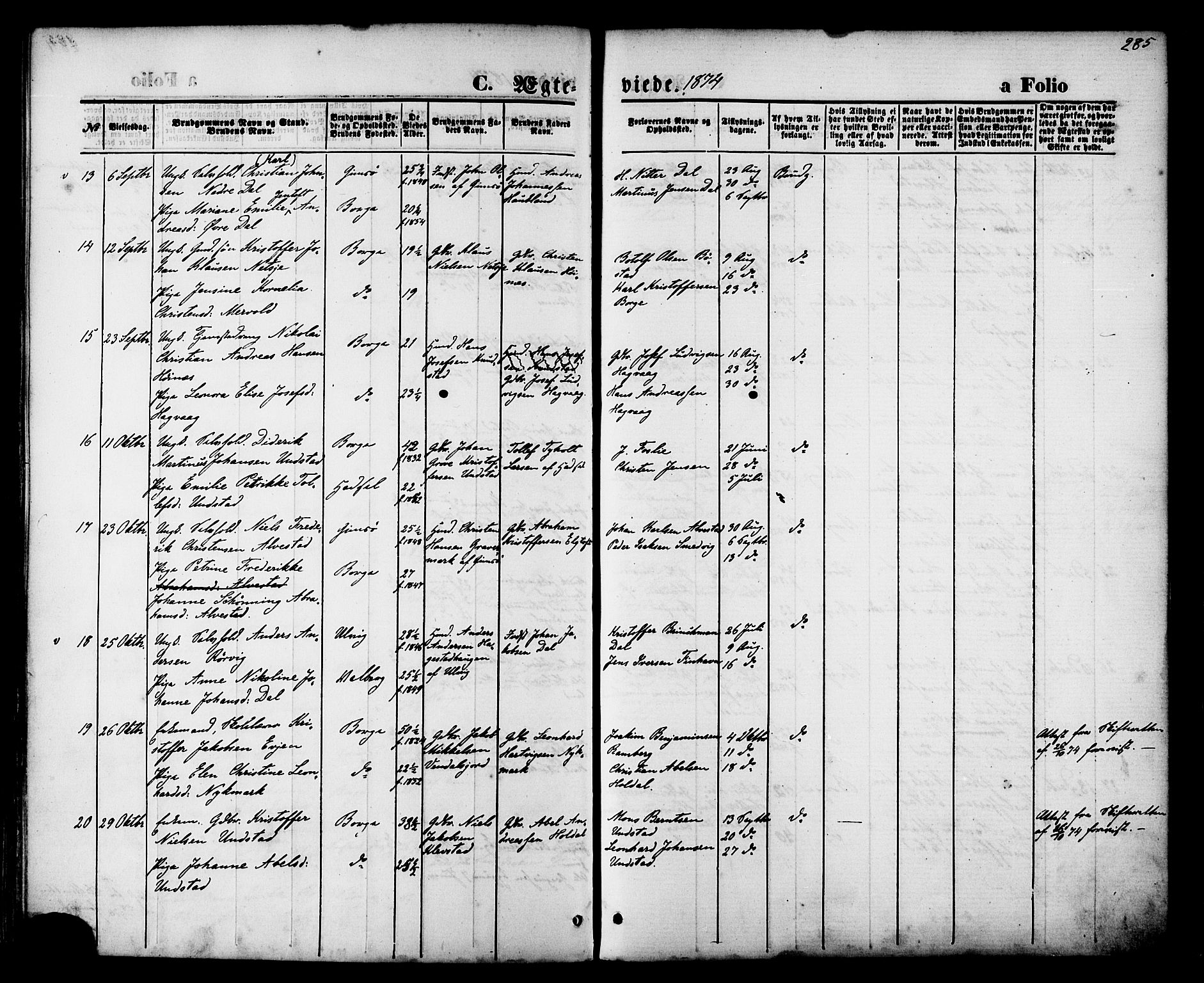 Ministerialprotokoller, klokkerbøker og fødselsregistre - Nordland, AV/SAT-A-1459/880/L1132: Parish register (official) no. 880A06, 1869-1887, p. 285