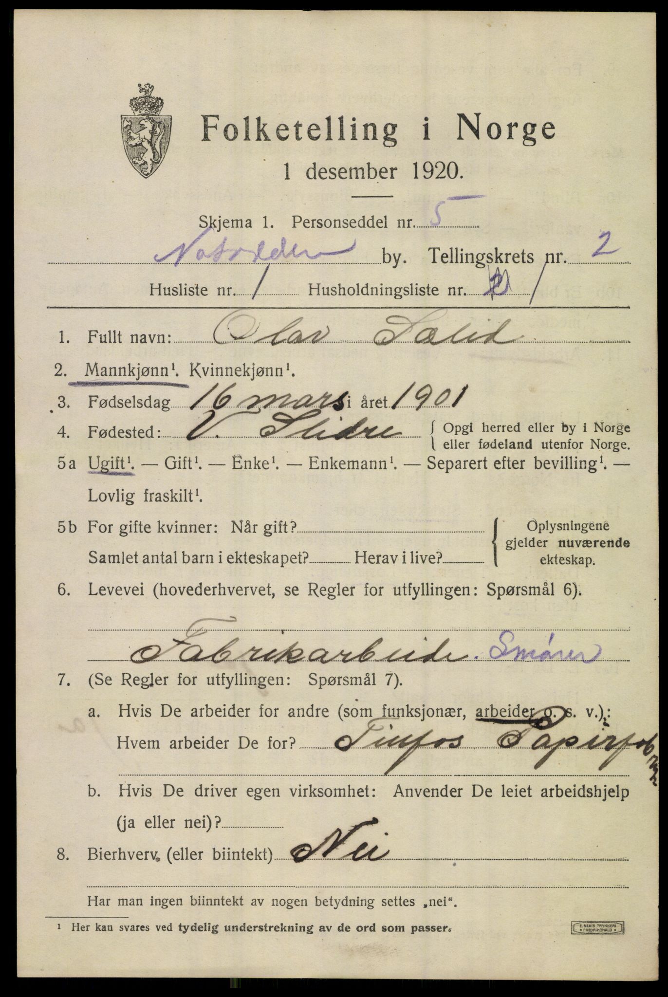 SAKO, 1920 census for Notodden, 1920, p. 6574