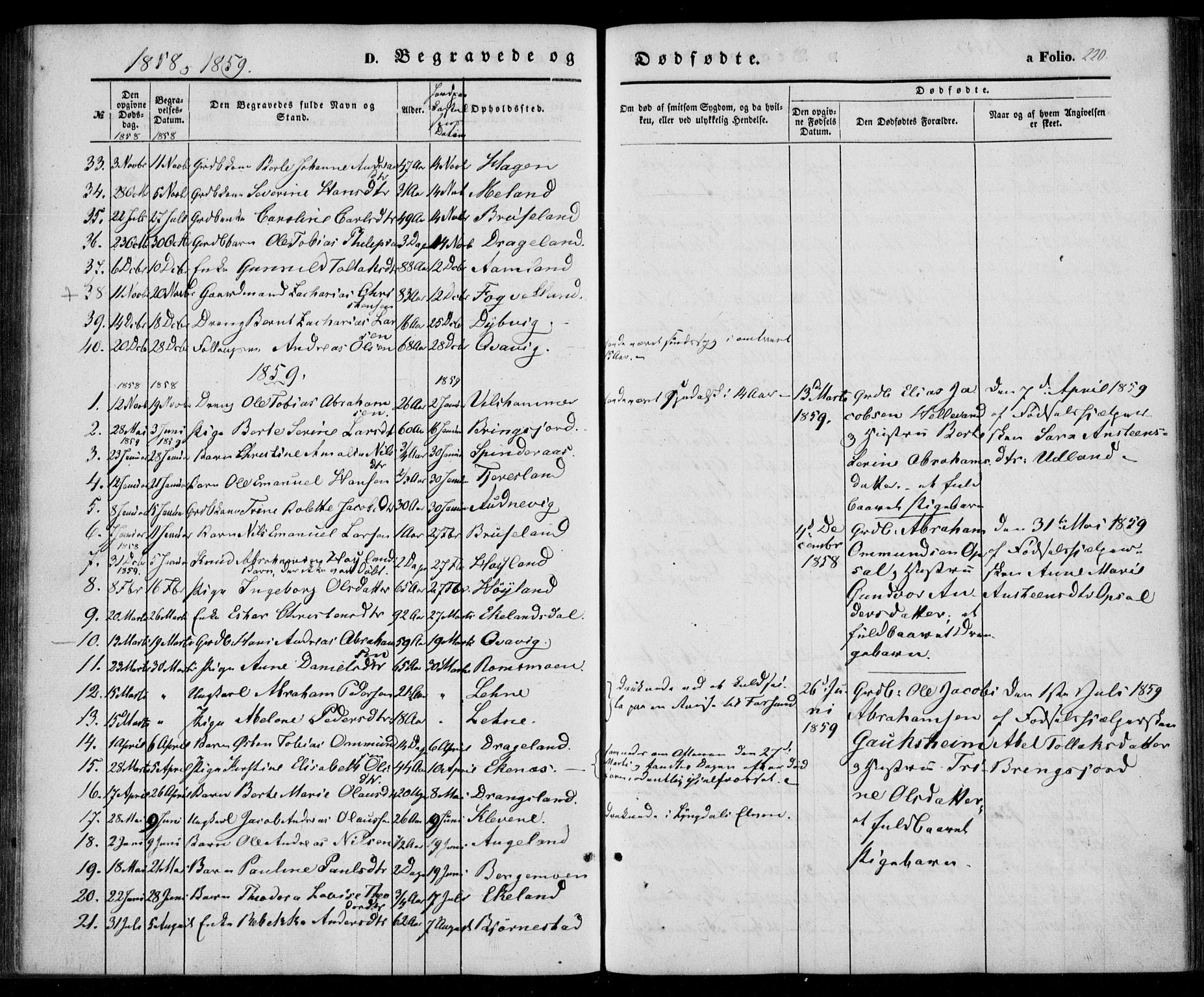 Lyngdal sokneprestkontor, SAK/1111-0029/F/Fa/Fac/L0009: Parish register (official) no. A 9, 1852-1864, p. 220