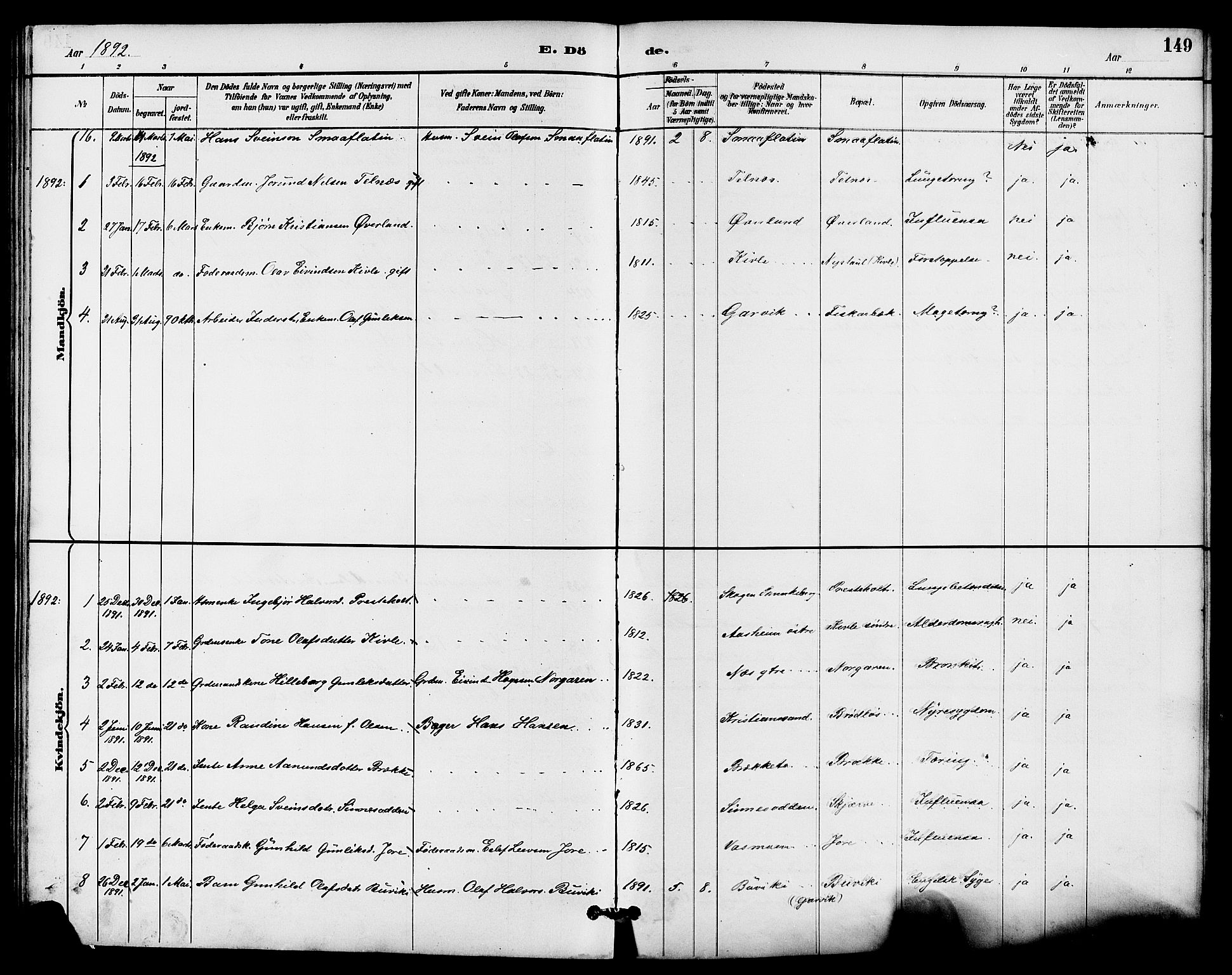 Seljord kirkebøker, AV/SAKO-A-20/G/Ga/L0005: Parish register (copy) no. I 5, 1887-1914, p. 149