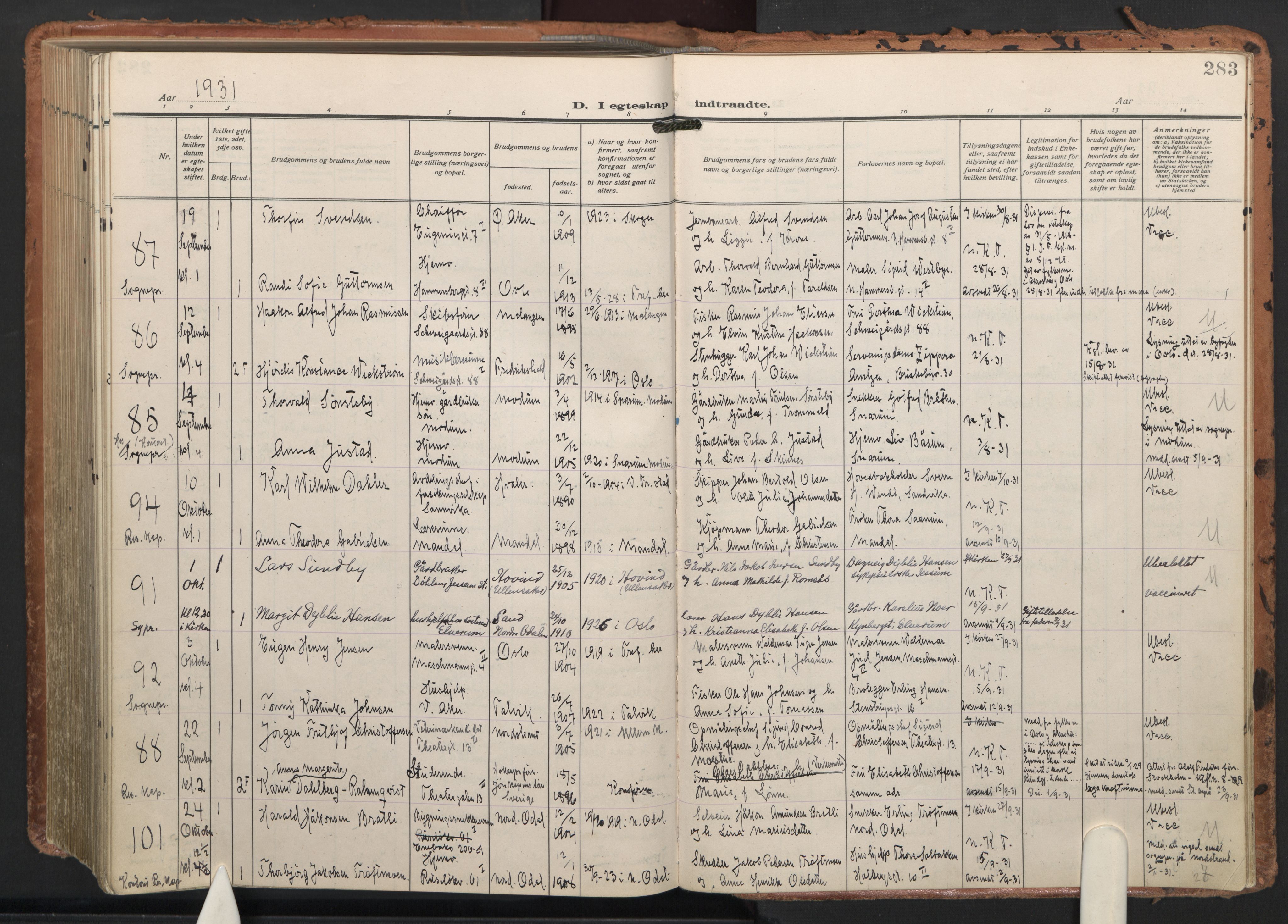 Trefoldighet prestekontor Kirkebøker, AV/SAO-A-10882/F/Fc/L0008: Parish register (official) no. III 8, 1920-1932, p. 283