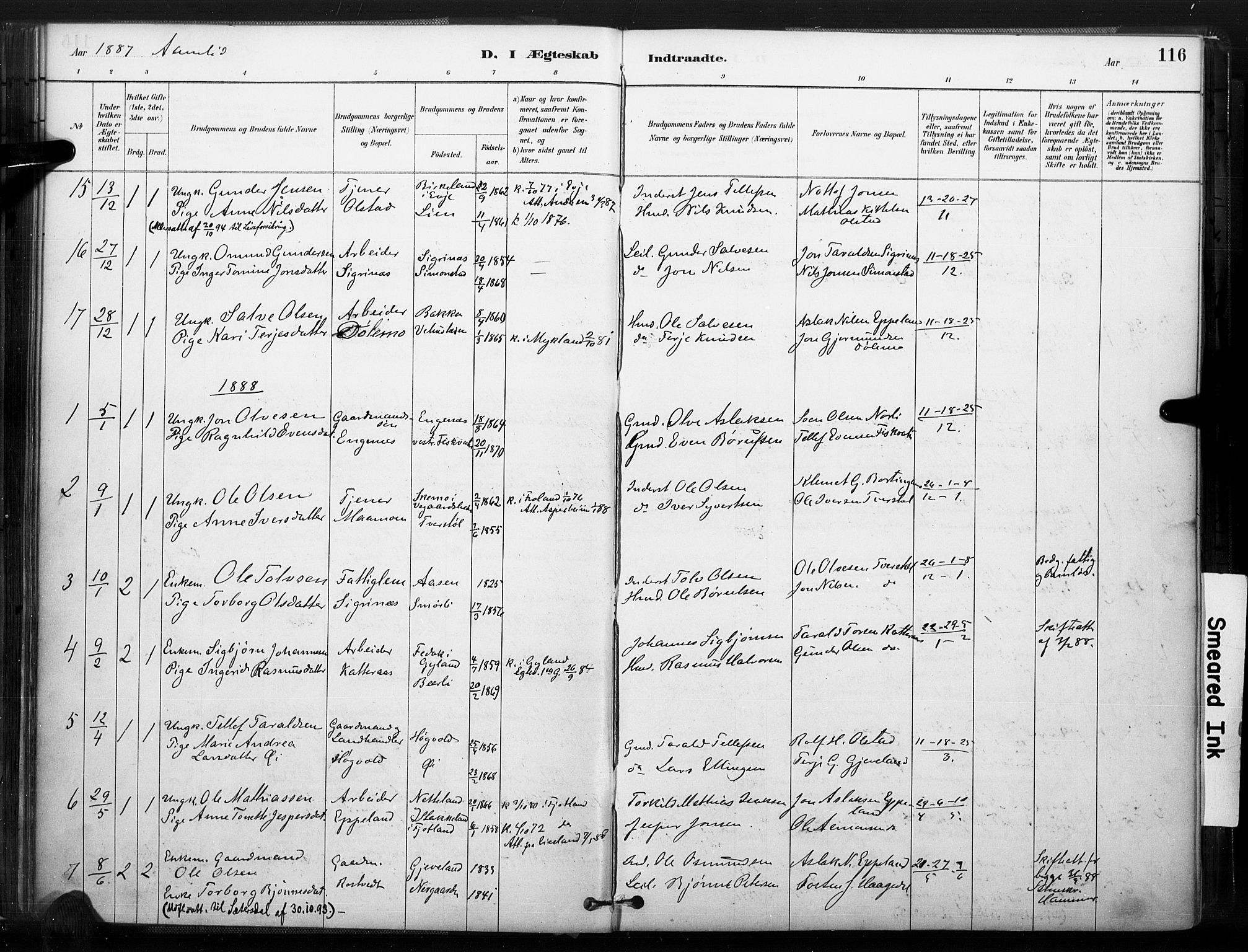 Åmli sokneprestkontor, AV/SAK-1111-0050/F/Fa/Fac/L0010: Parish register (official) no. A 10 /1, 1885-1899, p. 116