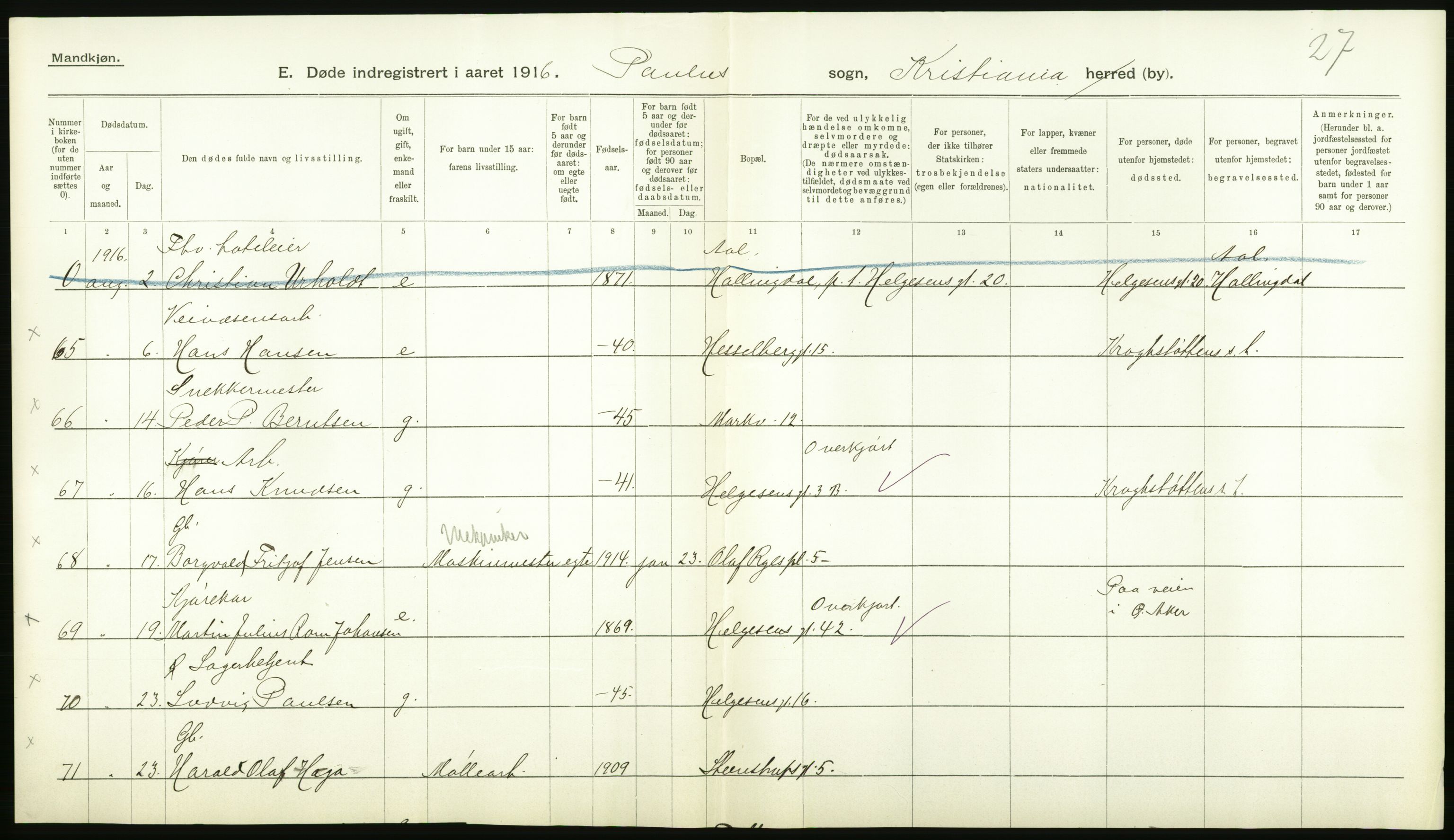 Statistisk sentralbyrå, Sosiodemografiske emner, Befolkning, AV/RA-S-2228/D/Df/Dfb/Dfbf/L0009: Kristiania: Døde., 1916, p. 62