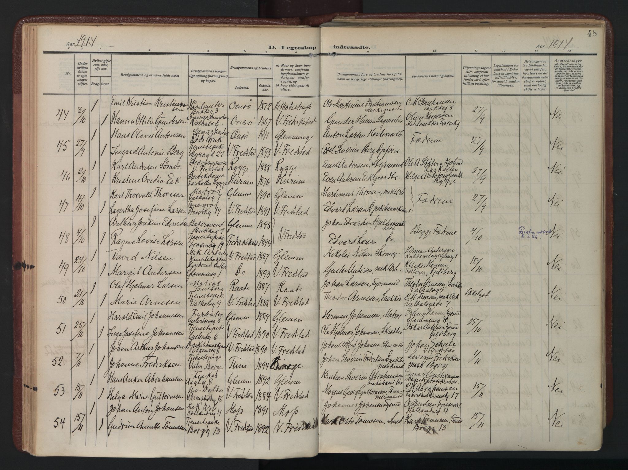 Fredrikstad domkirkes prestekontor Kirkebøker, AV/SAO-A-10906/F/Fa/L0009: Parish register (official) no. 9, 1908-1946, p. 48