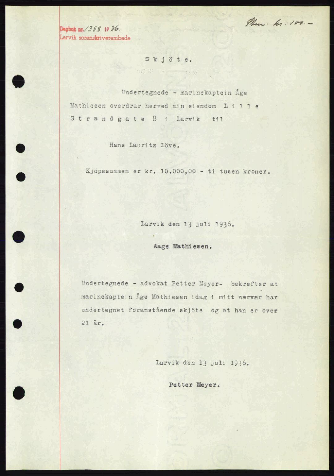 Larvik sorenskriveri, SAKO/A-83/G/Ga/Gab/L0067: Mortgage book no. A-1, 1936-1937, Diary no: : 1388/1936
