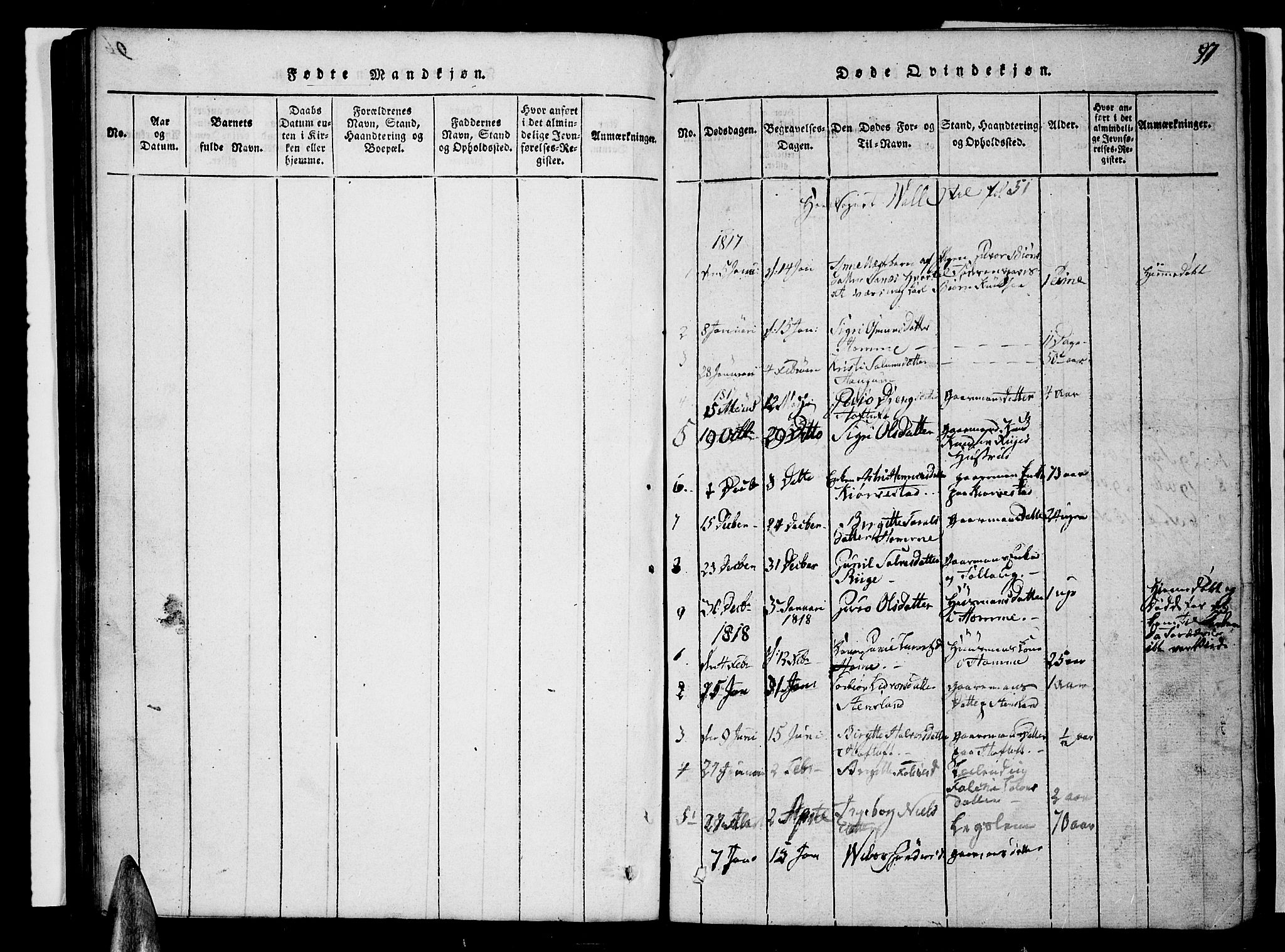 Valle sokneprestkontor, SAK/1111-0044/F/Fb/Fbc/L0001: Parish register (copy) no. B 1 /1, 1816-1829, p. 97