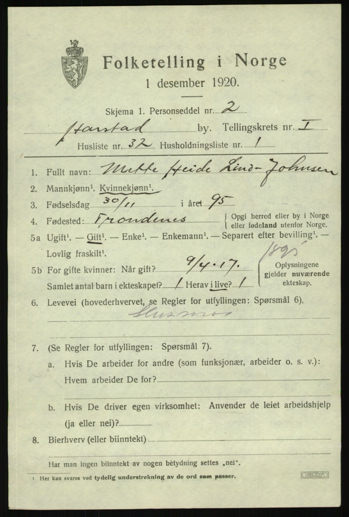 SATØ, 1920 census for Harstad, 1920, p. 2936