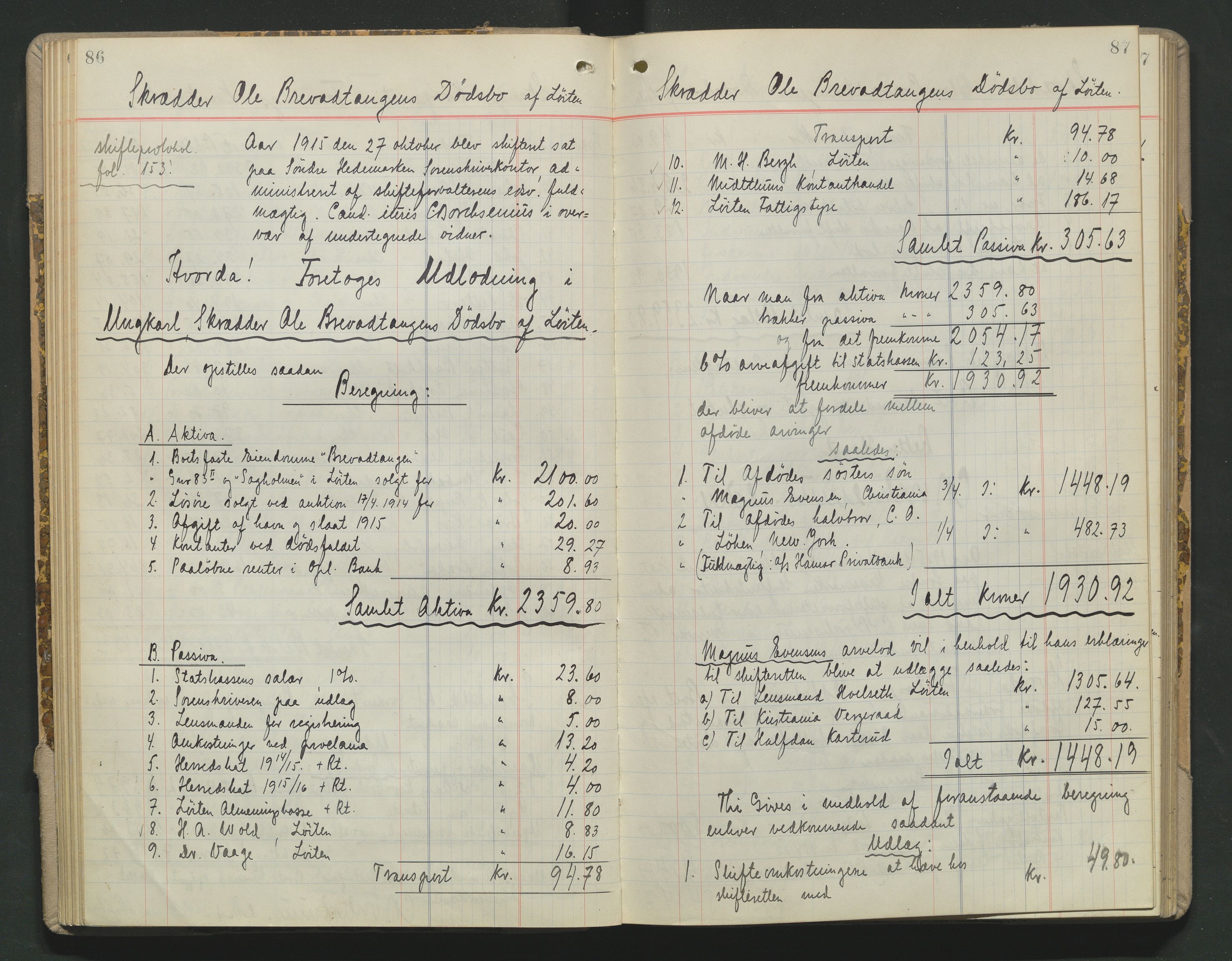 Sør-Hedmark sorenskriveri, SAH/TING-014/J/Ja/Jad/L0004: Skifteutlodningsprotokoll - landet, 1913-1919, p. 86-87