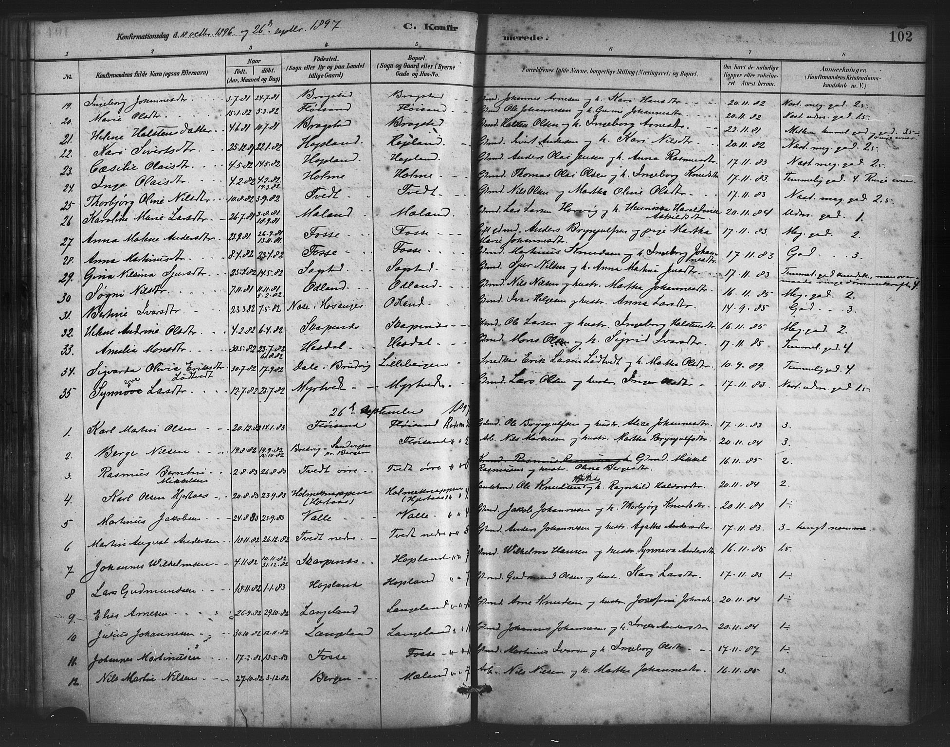 Alversund Sokneprestembete, SAB/A-73901/H/Ha/Haa/Haac/L0001: Parish register (official) no. C 1, 1882-1900, p. 102