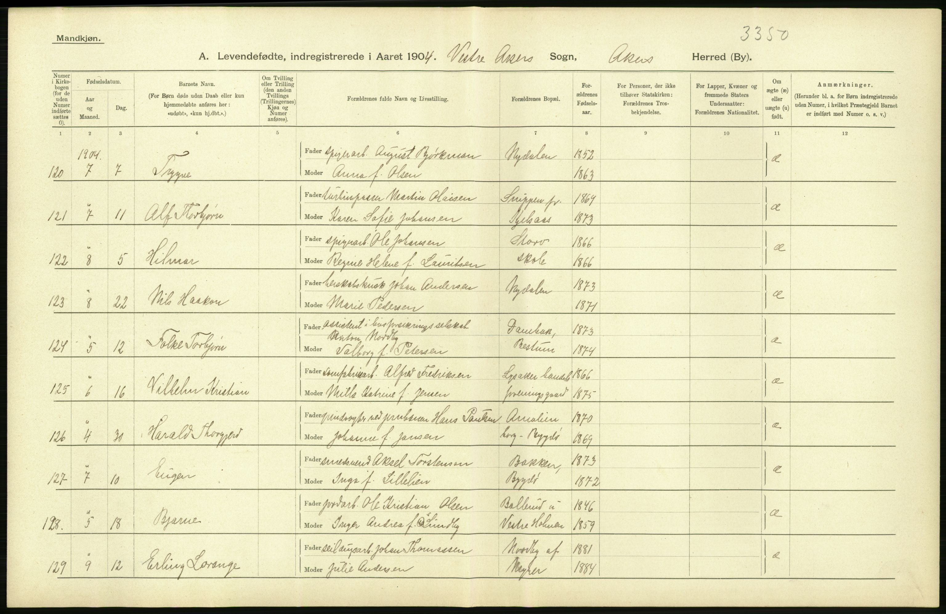 Statistisk sentralbyrå, Sosiodemografiske emner, Befolkning, AV/RA-S-2228/D/Df/Dfa/Dfab/L0002: Akershus amt: Fødte, gifte, døde, 1904, p. 404