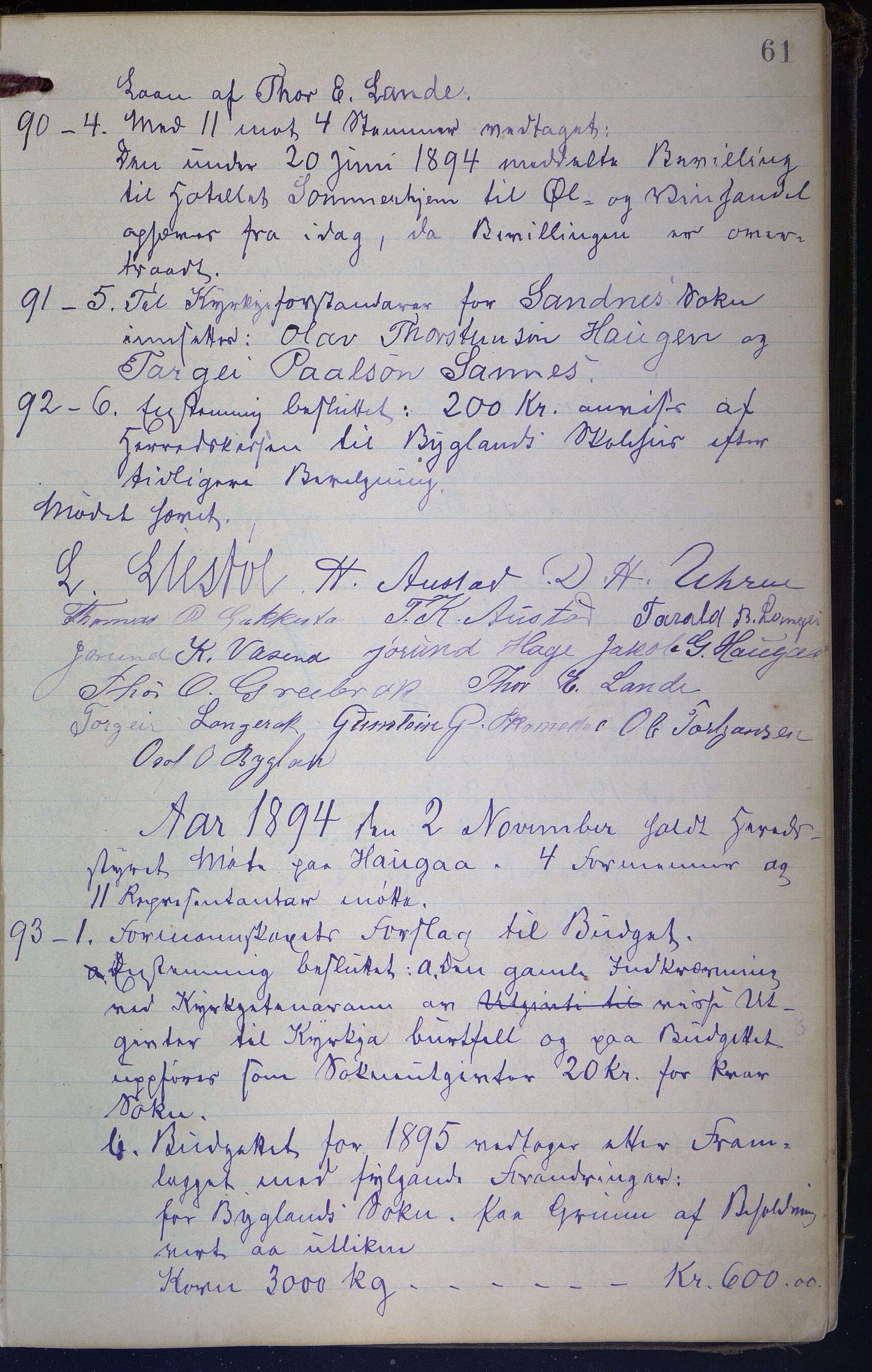 Bygland kommune, Kommunestyret , AAKS/KA0938-121/A1/L0003: Forhandlingsprotokoll formannskap, 1891-1904, p. 61