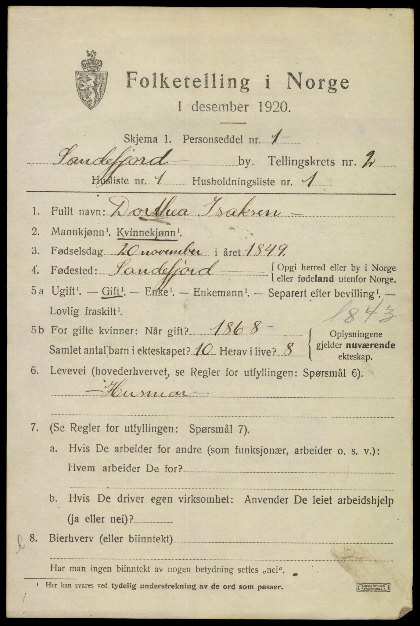 SAKO, 1920 census for Sandefjord, 1920, p. 5418