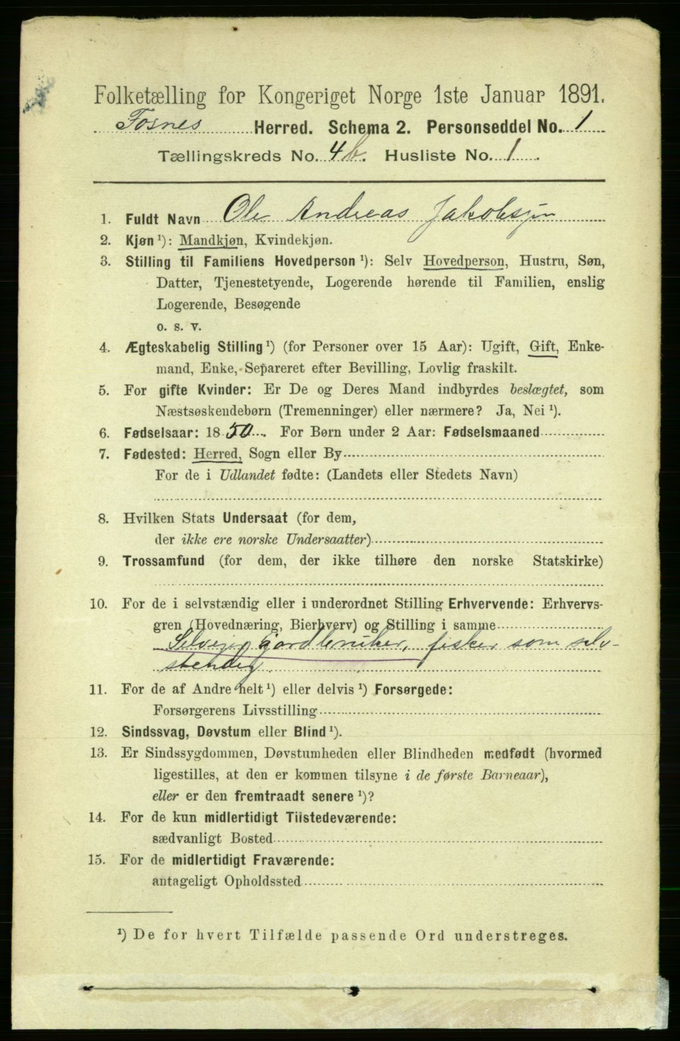 RA, 1891 census for 1748 Fosnes, 1891, p. 1709