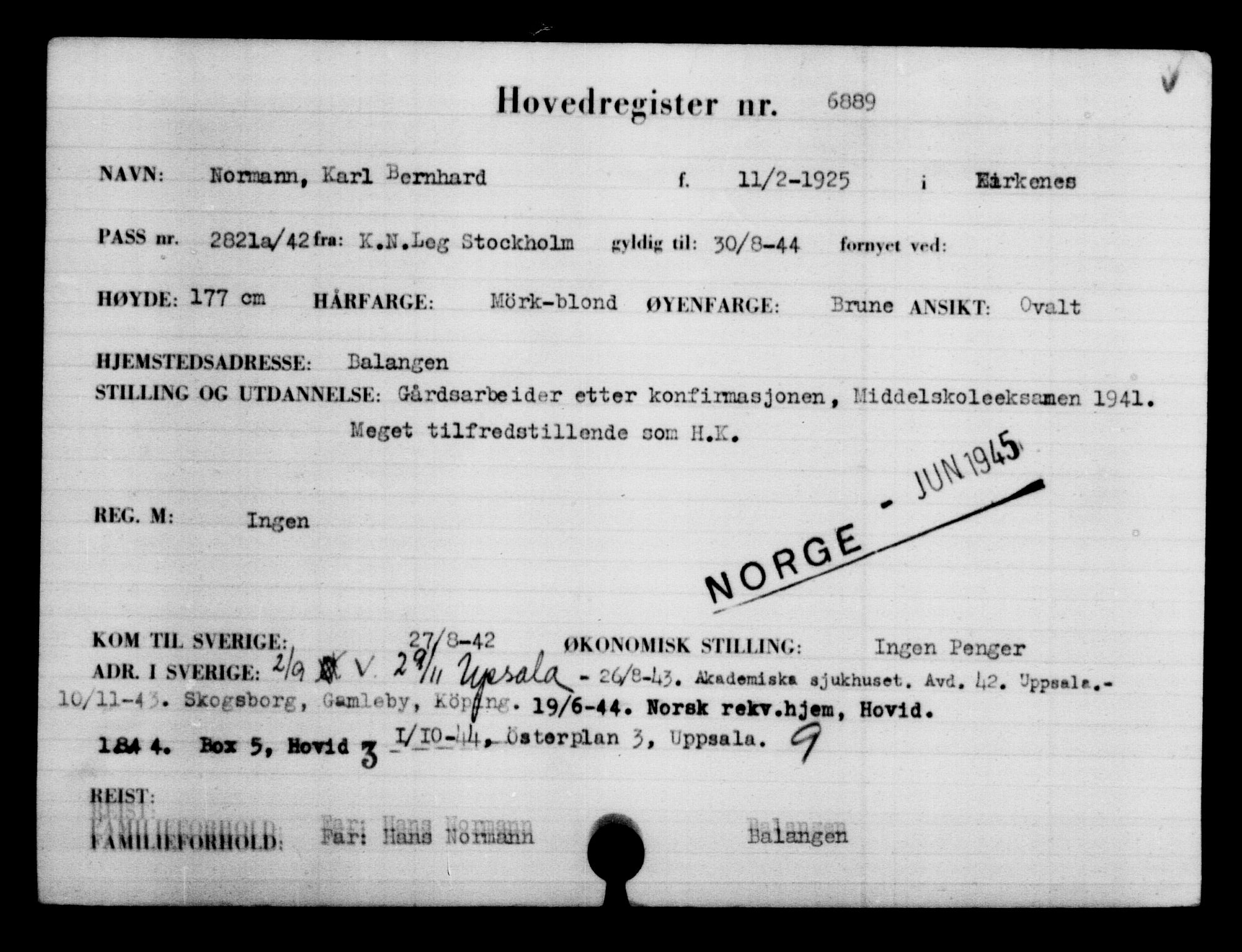 Utenriksstasjonene, Legasjonen i Stockholm, Flyktningkontoret, AV/RA-S-6753/V/Va/L0005: Kjesäterkartoteket, flyktninger med registreringsnr. 6600-9417, 1940-1945, p. 352