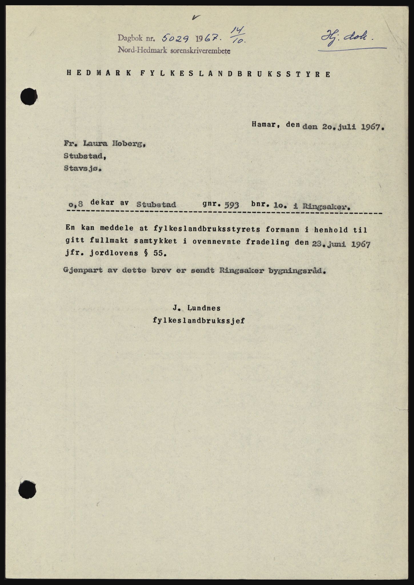 Nord-Hedmark sorenskriveri, SAH/TING-012/H/Hc/L0026: Mortgage book no. 26, 1967-1967, Diary no: : 5029/1967