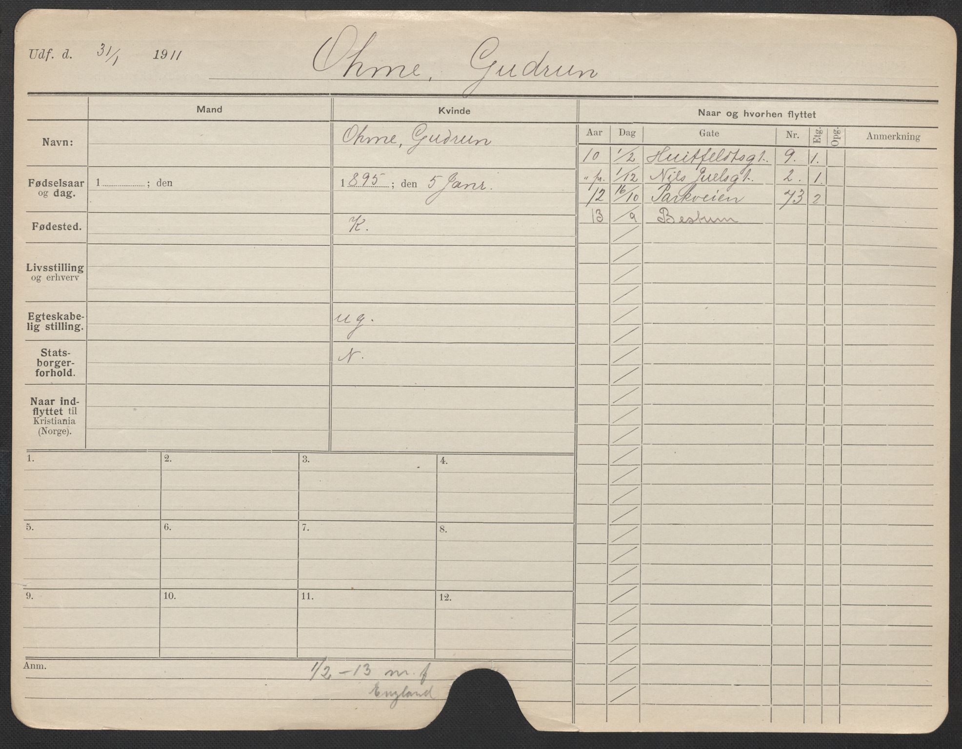 Oslo folkeregister, Registerkort, AV/SAO-A-11715/F/Fa/Fac/L0022: Kvinner, 1906-1914, p. 399a