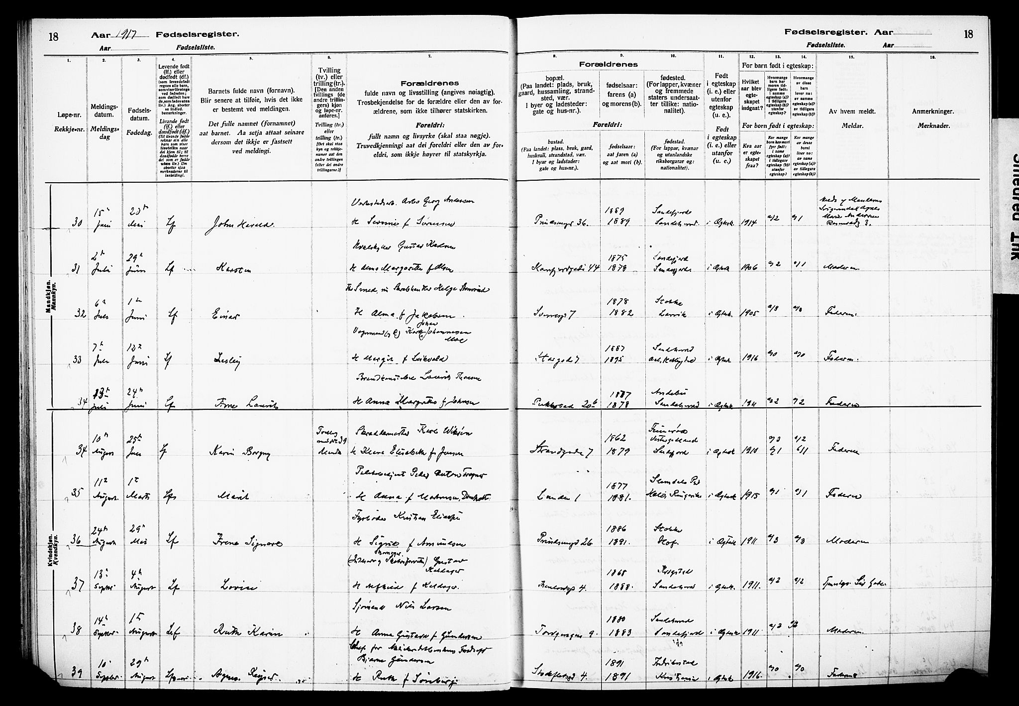 Sandefjord kirkebøker, AV/SAKO-A-315/J/Ja/L0001: Birth register no. 1, 1916-1932, p. 18