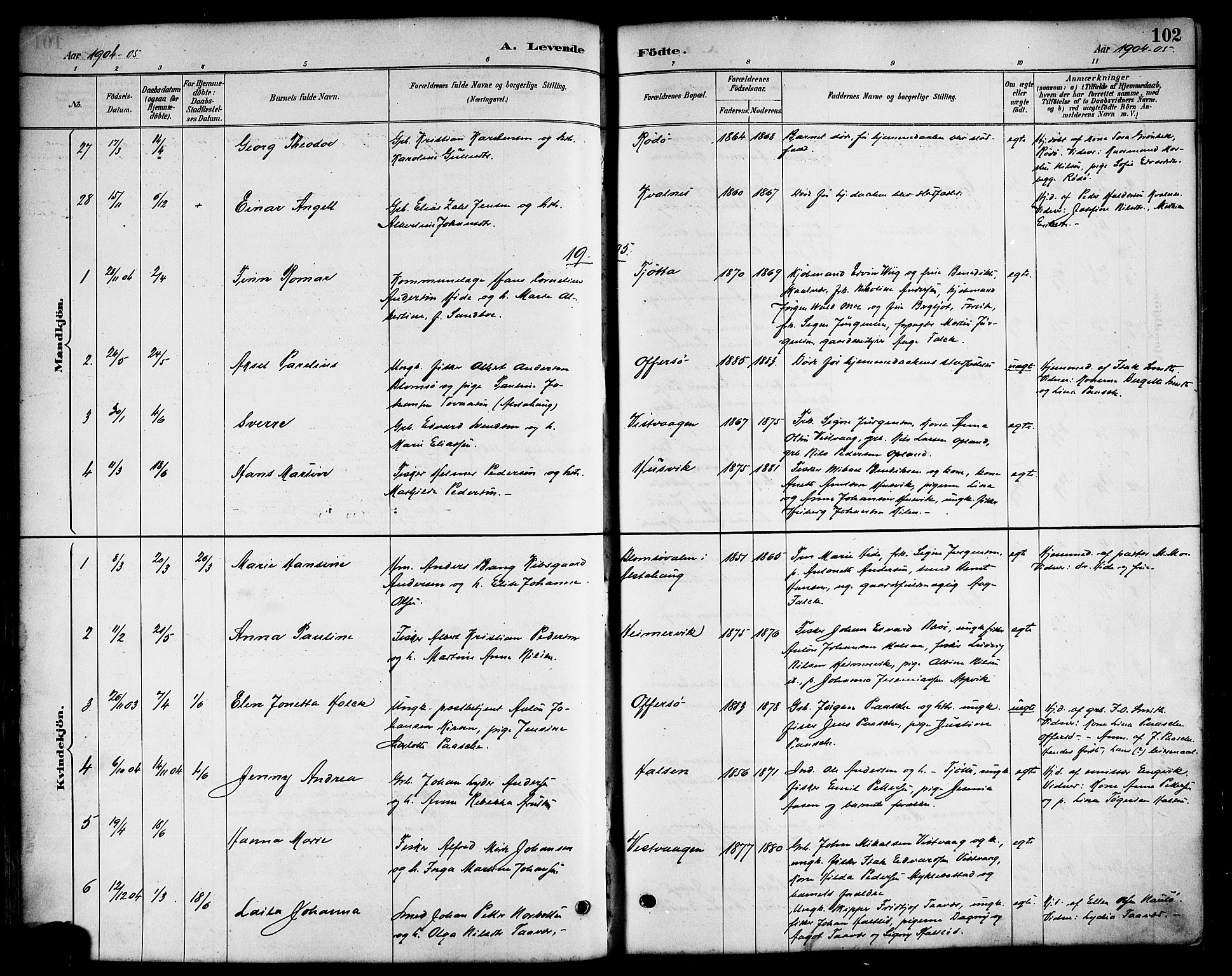 Ministerialprotokoller, klokkerbøker og fødselsregistre - Nordland, AV/SAT-A-1459/817/L0268: Parish register (copy) no. 817C03, 1884-1920, p. 102