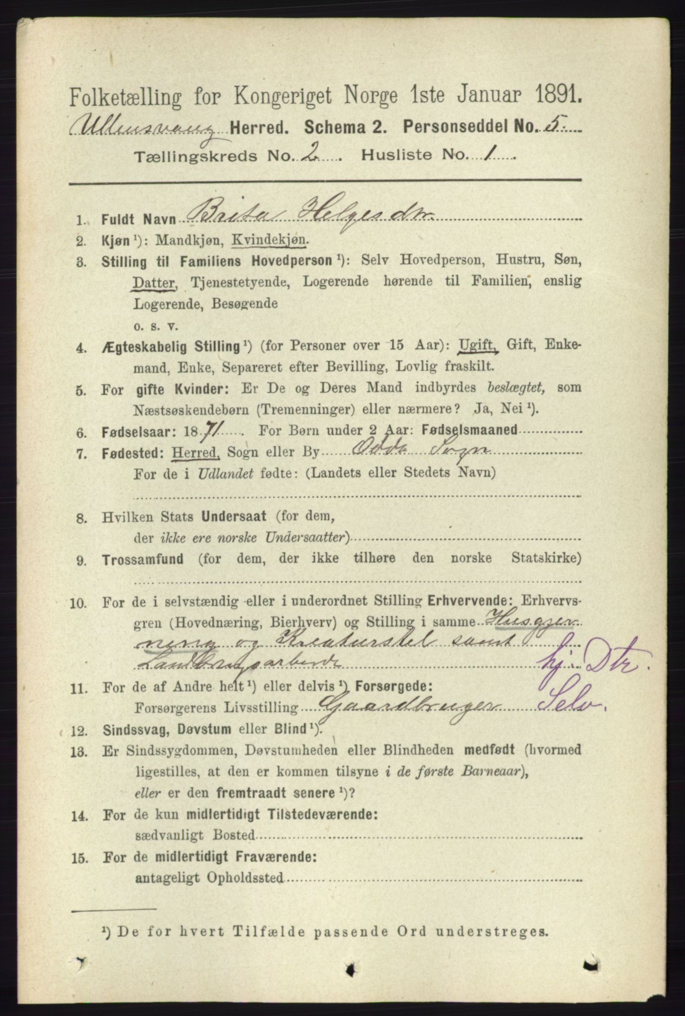 RA, 1891 census for 1230 Ullensvang, 1891, p. 325