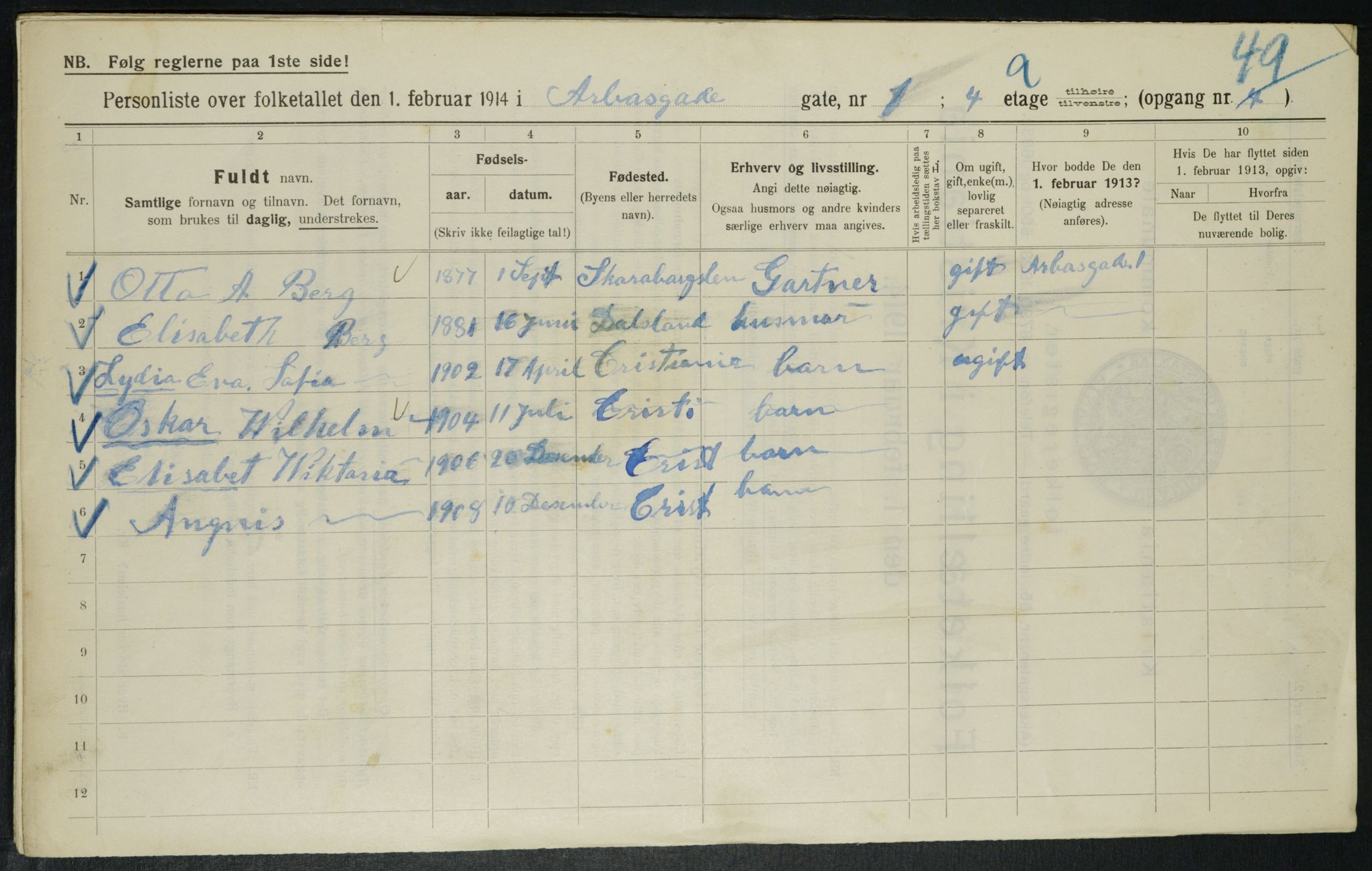 OBA, Municipal Census 1914 for Kristiania, 1914, p. 1715
