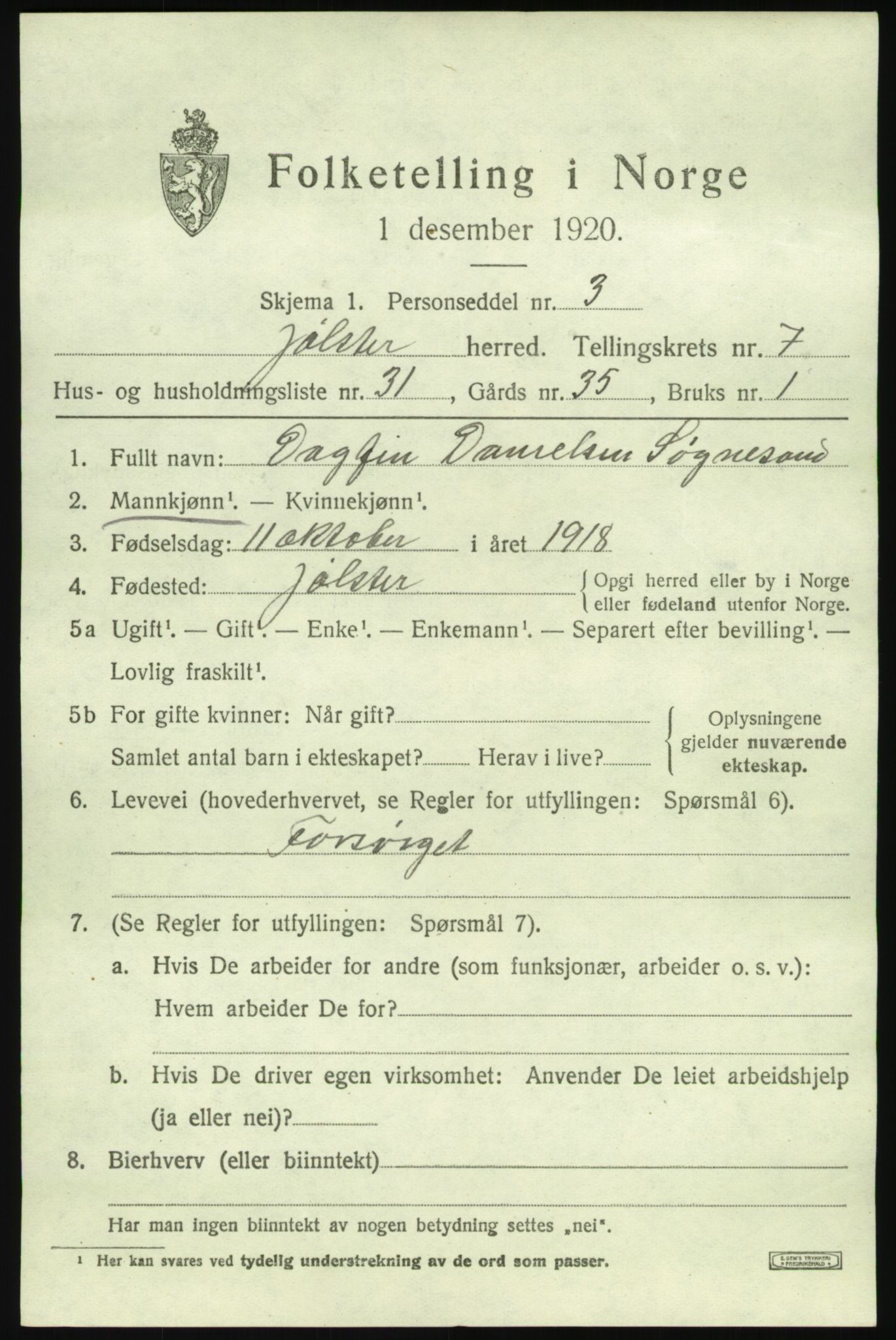 SAB, 1920 census for Jølster, 1920, p. 4008