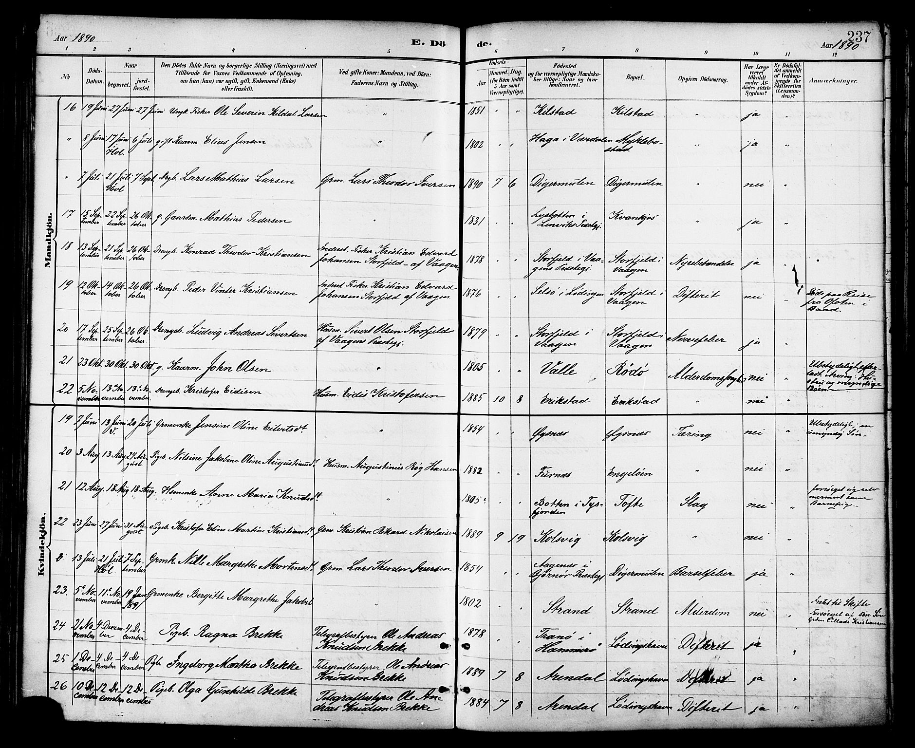 Ministerialprotokoller, klokkerbøker og fødselsregistre - Nordland, AV/SAT-A-1459/872/L1035: Parish register (official) no. 872A10, 1884-1896, p. 237