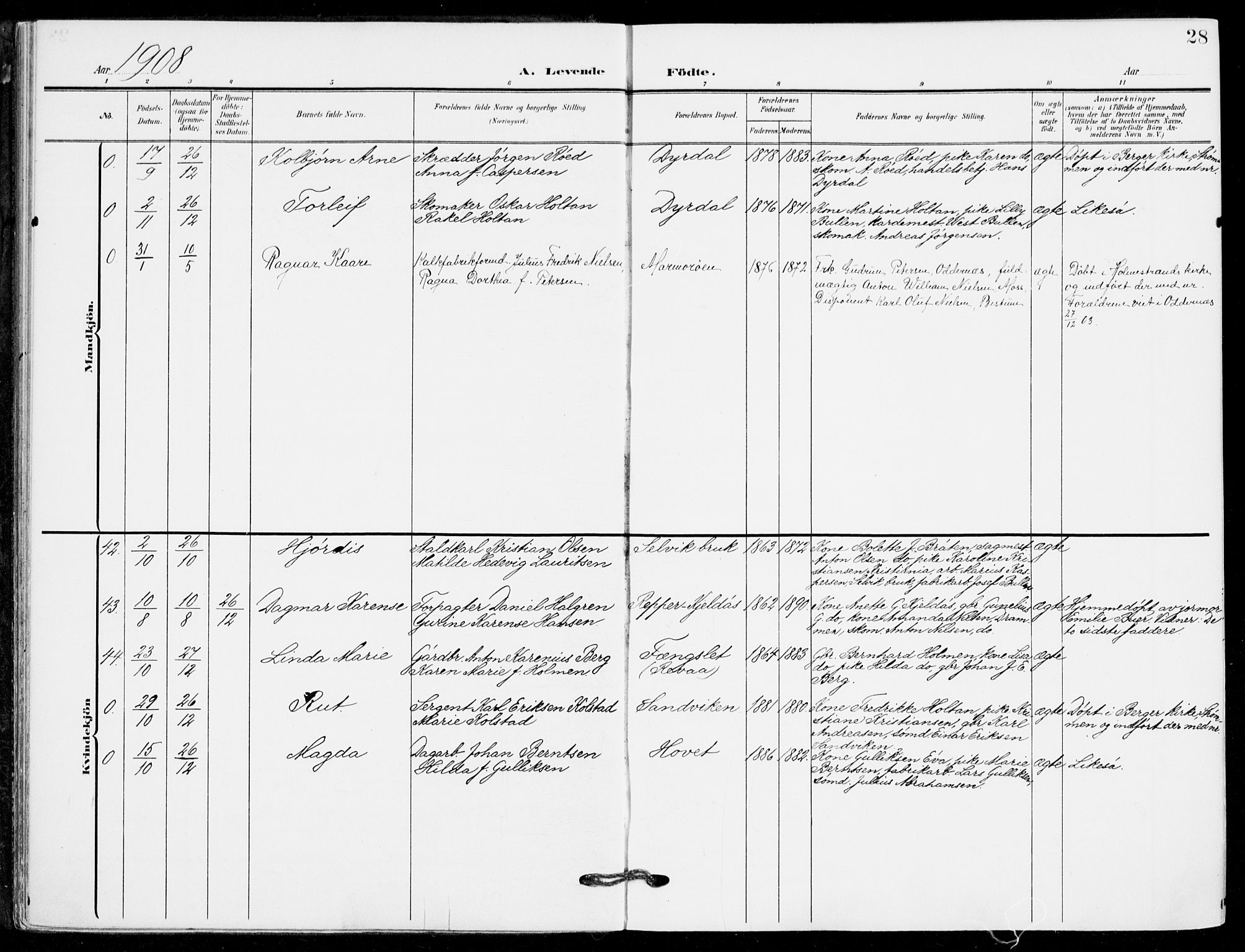 Sande Kirkebøker, AV/SAKO-A-53/F/Fa/L0008: Parish register (official) no. 8, 1904-1921, p. 28