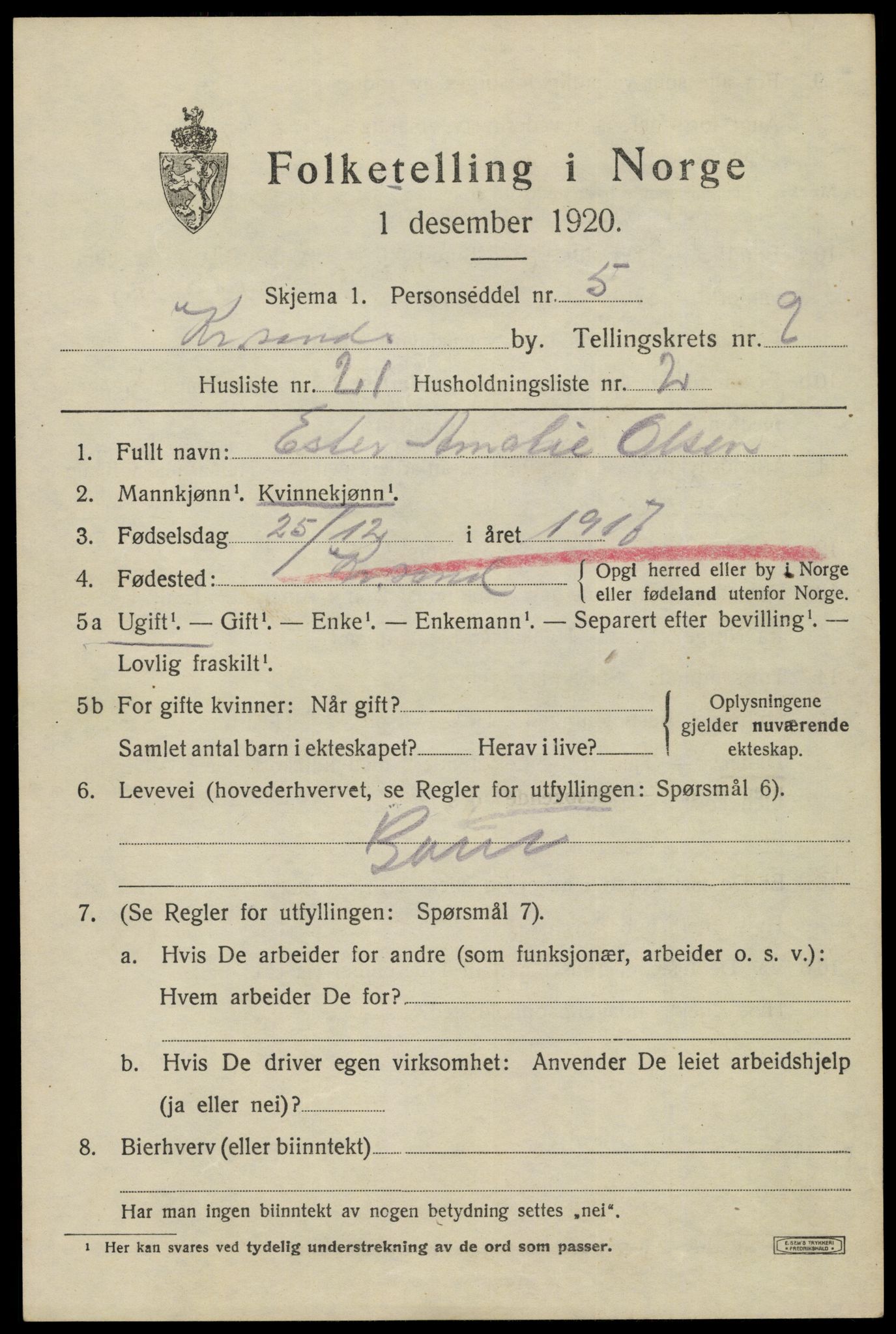 SAK, 1920 census for Kristiansand, 1920, p. 22891