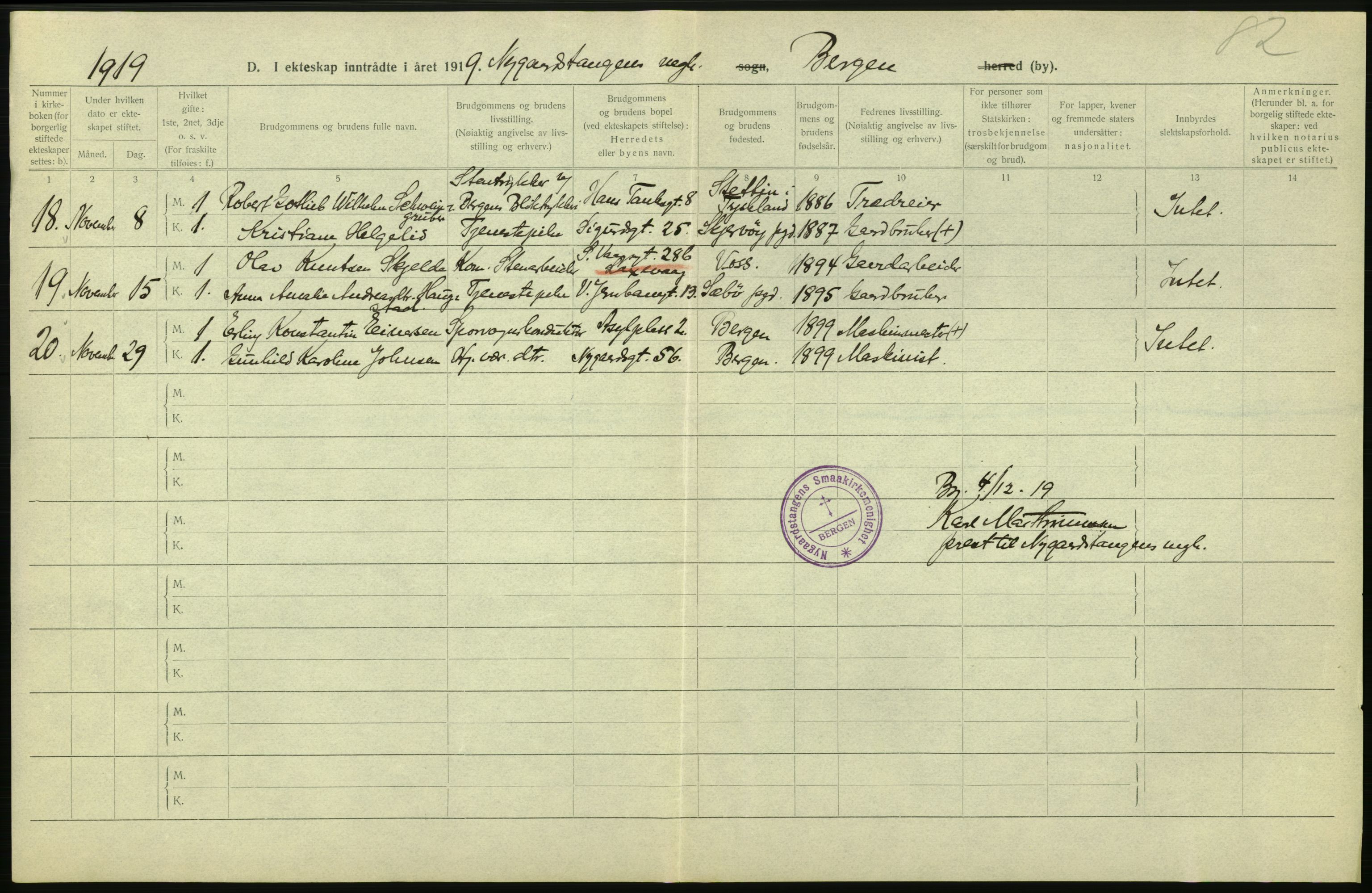 Statistisk sentralbyrå, Sosiodemografiske emner, Befolkning, AV/RA-S-2228/D/Df/Dfb/Dfbi/L0035: Bergen: Gifte, døde, dødfødte., 1919, p. 18