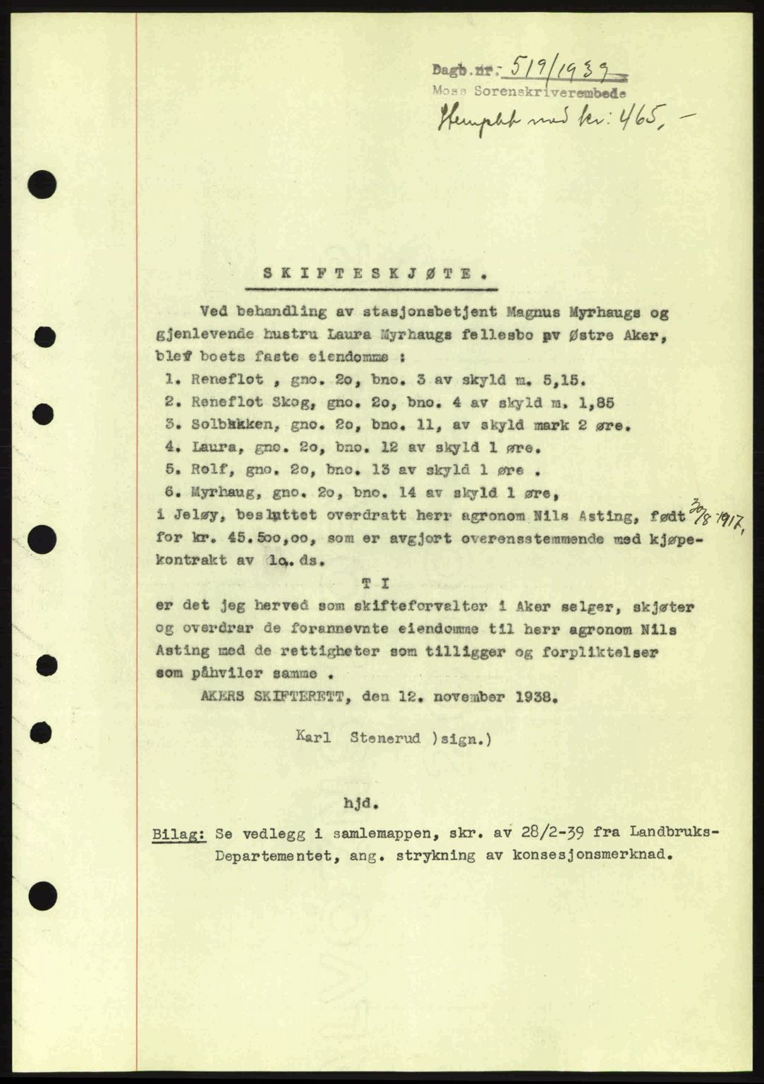 Moss sorenskriveri, SAO/A-10168: Mortgage book no. A5, 1938-1939, Diary no: : 519/1939