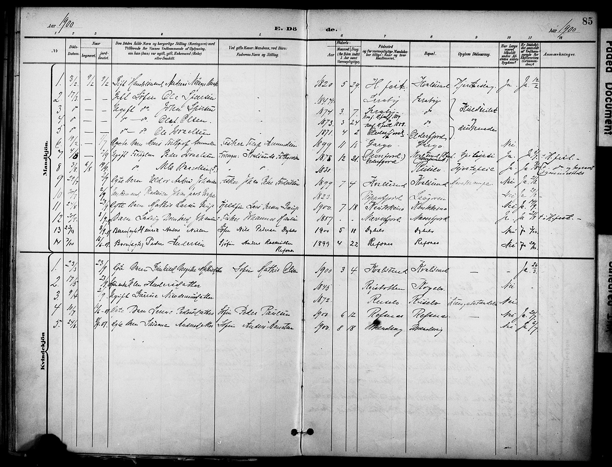 Hammerfest sokneprestkontor, SATØ/S-1347/H/Ha/L0012.kirke: Parish register (official) no. 12, 1898-1908, p. 85