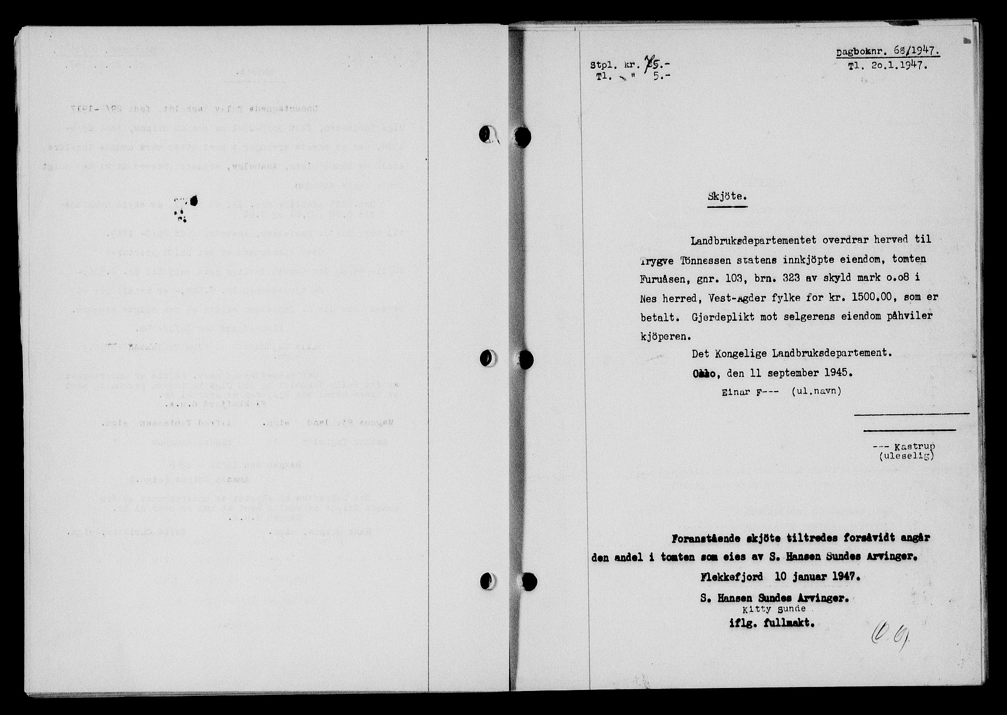 Flekkefjord sorenskriveri, AV/SAK-1221-0001/G/Gb/Gba/L0061: Mortgage book no. A-9, 1946-1947, Diary no: : 68/1947