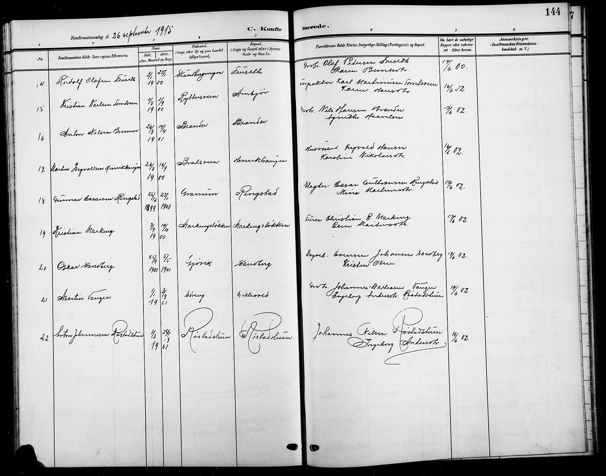 Biri prestekontor, SAH/PREST-096/H/Ha/Hab/L0005: Parish register (copy) no. 5, 1906-1919, p. 144